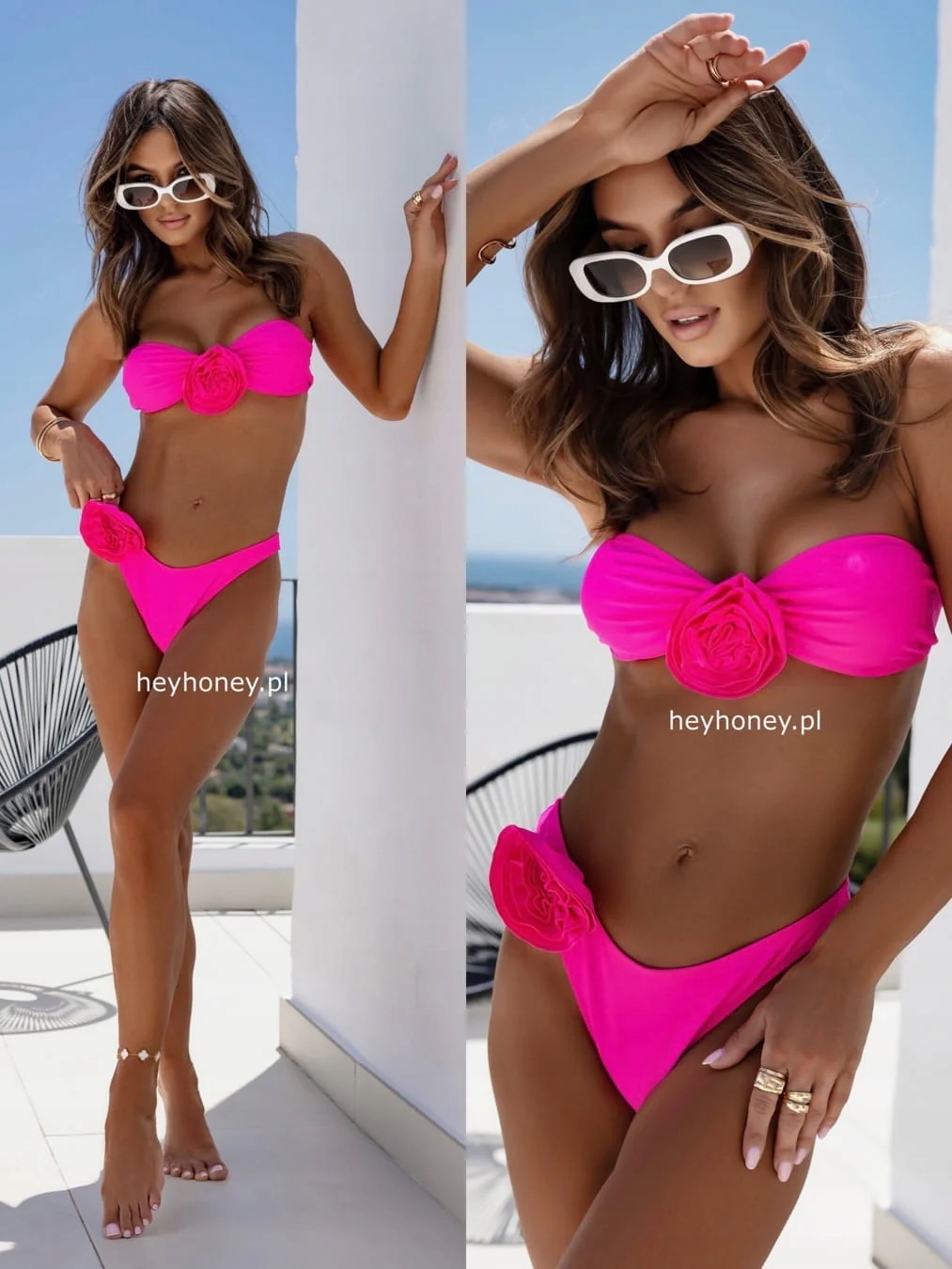 Dvoudílné plavky s růžemi a ramínky, růžové Mykonos M/L