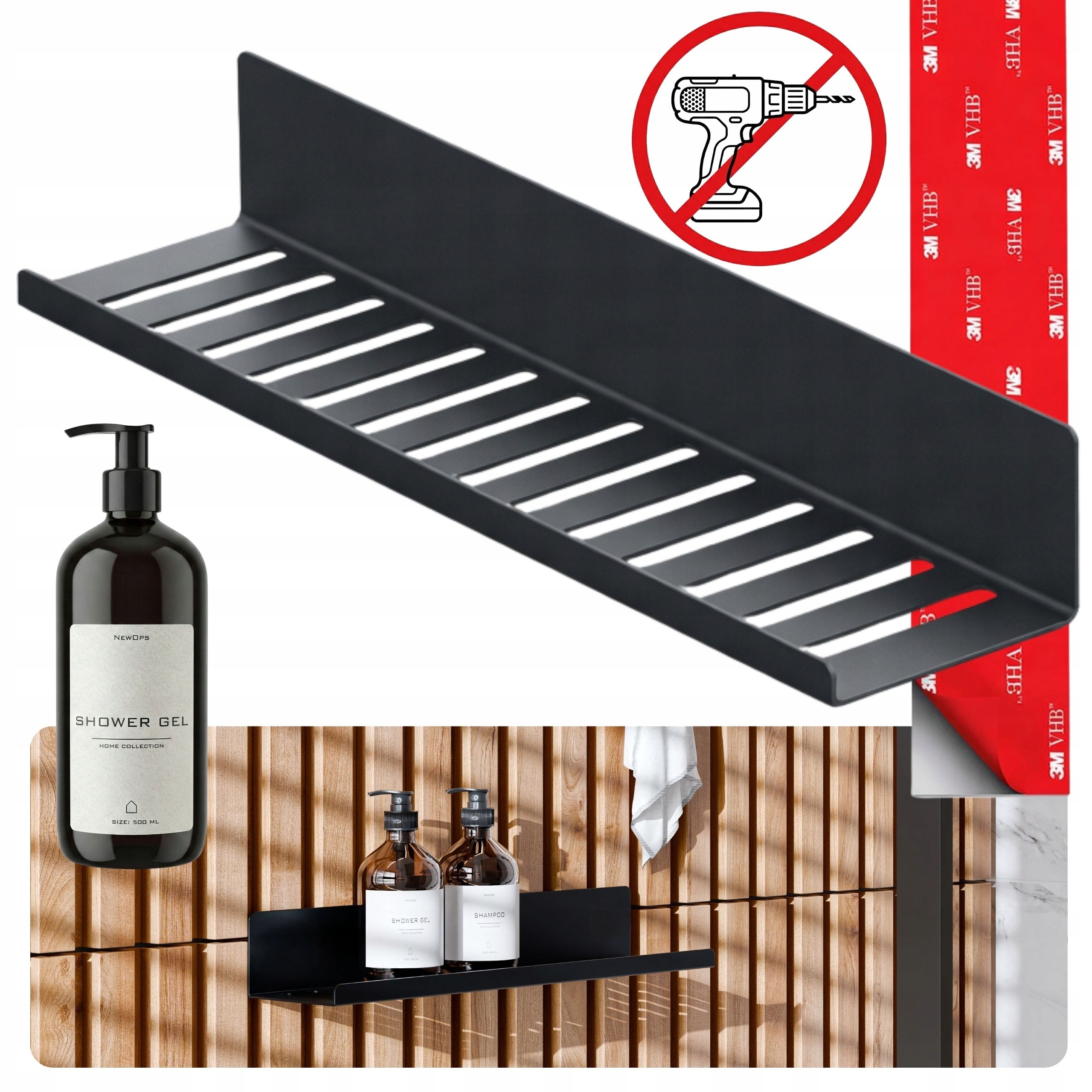 Bezinvazivní Sprchová Polička Nexa Bez Vrtání 3M Vhb 40 cm Láhev