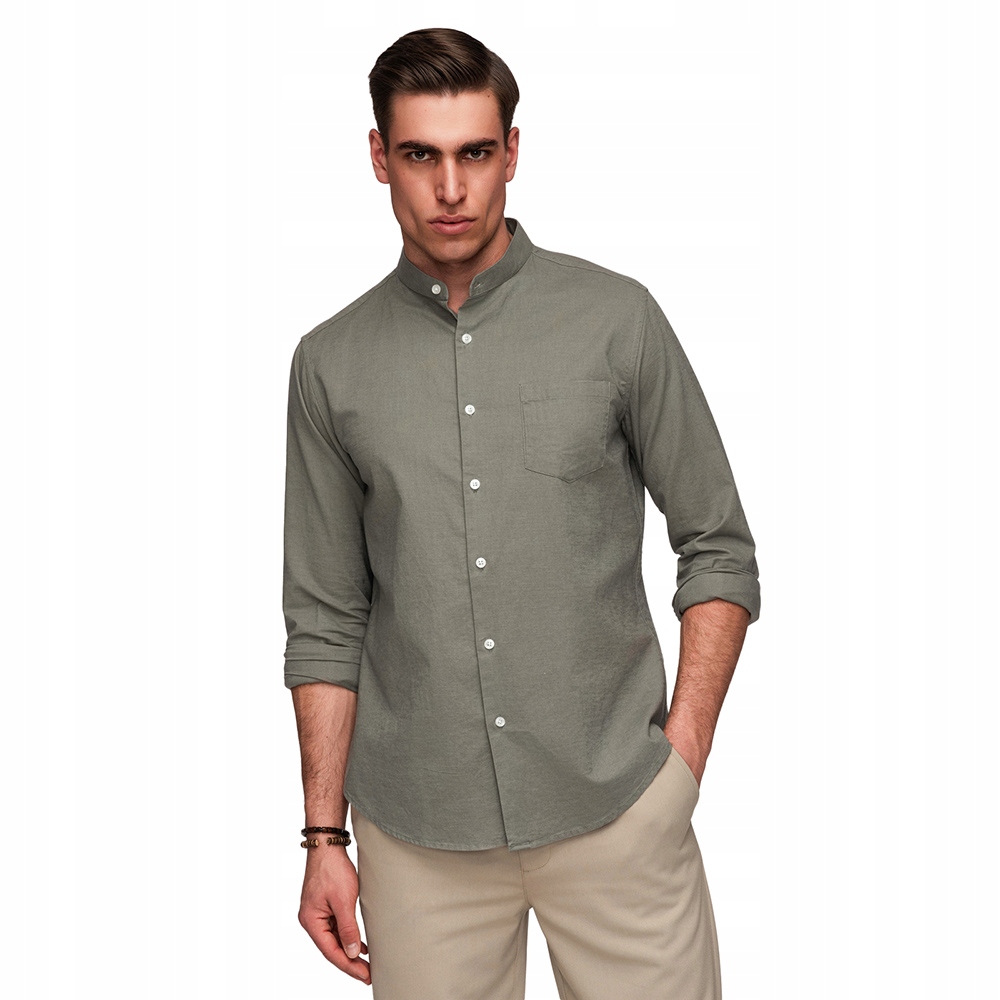 Pánská khaki košile se stojáčkem a kapsou regular fit, pohodlná, V6 K704, velikost L