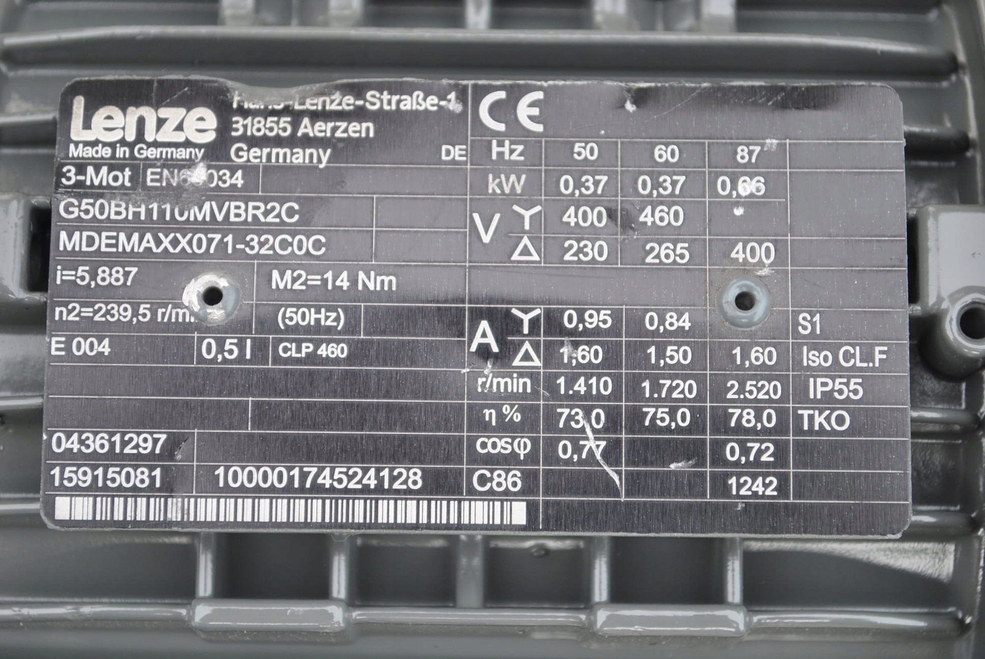 Motoreduktor 0.37kw. 240obr./min.. Firmy LENZE. Marka Lenze