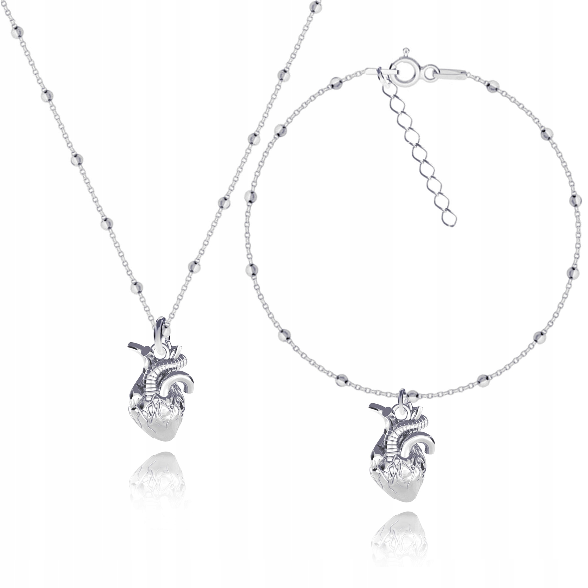 Anatomická 3D Srdce Stříbrný kuličkový set šperků stříbro 925