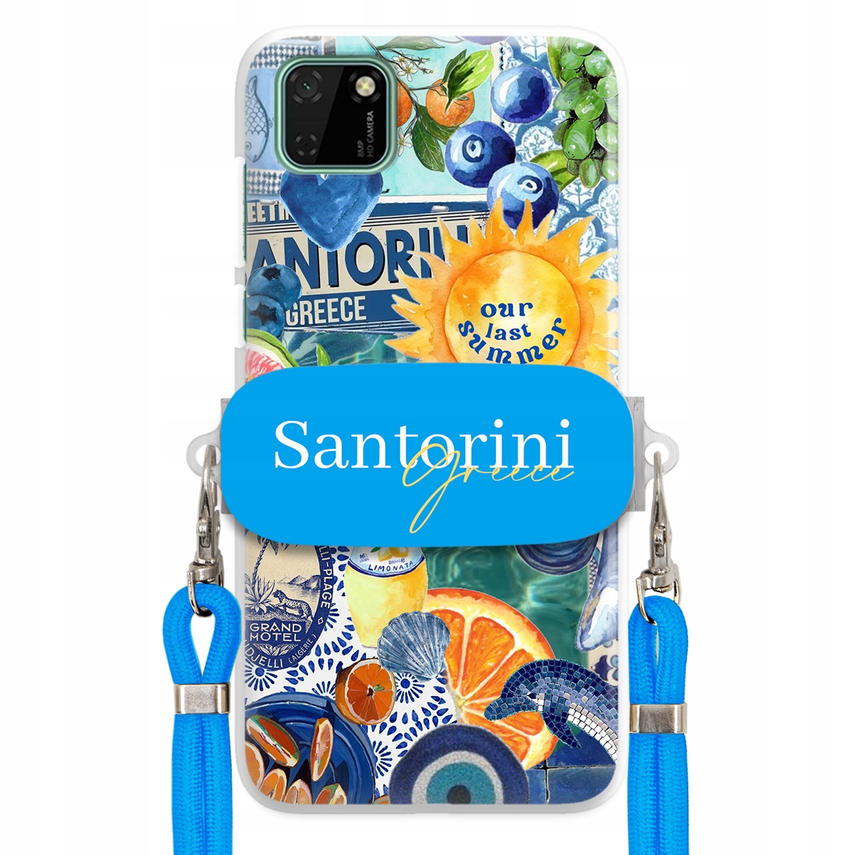Puzdro pre Huawei Y5P Modré Crossbody vodítko držiak Santorini Sea Vibes