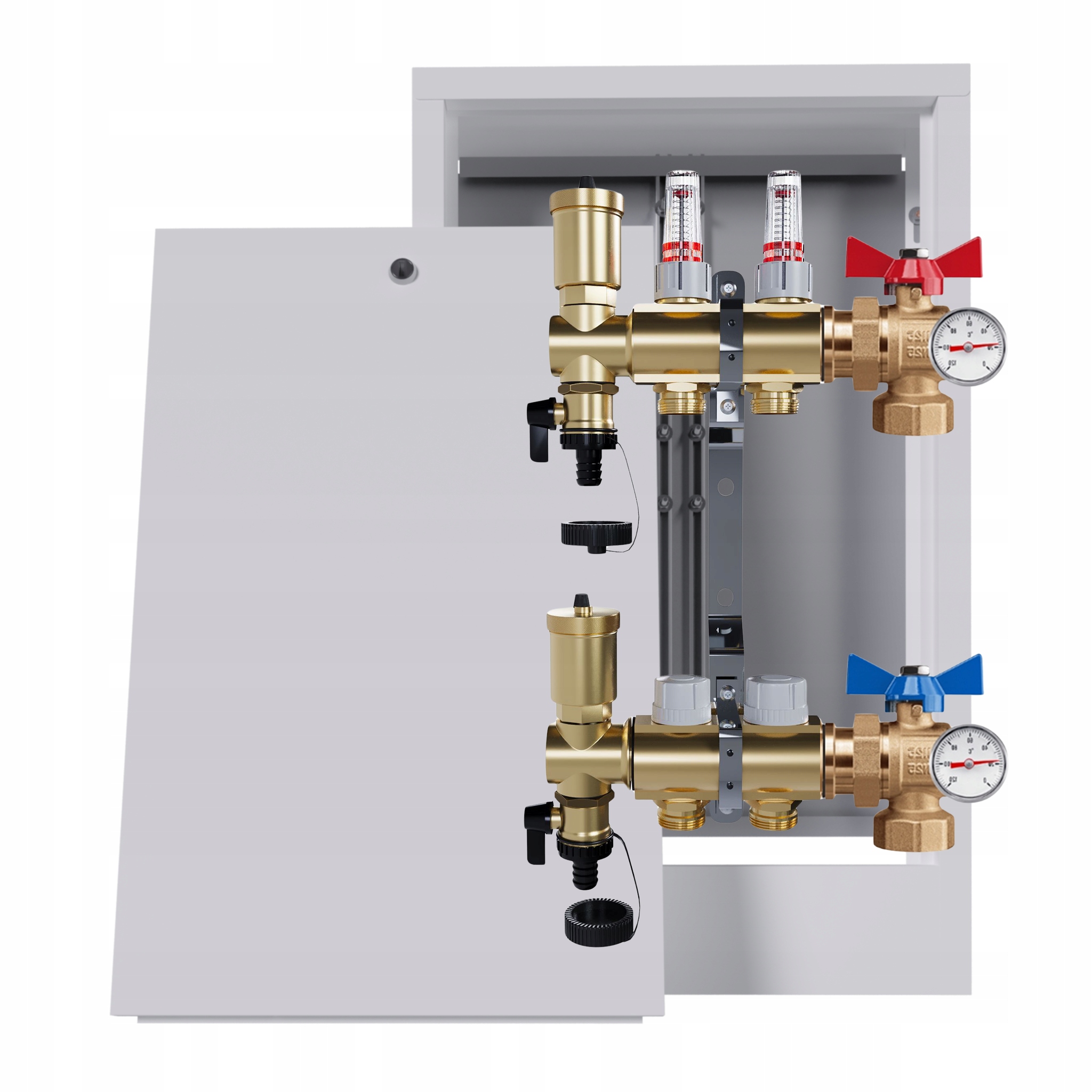 Rozdělovač Pro Podlahovou Krytinu 2 Okruhy Ventil Teploměr Nástěnná Skříňka