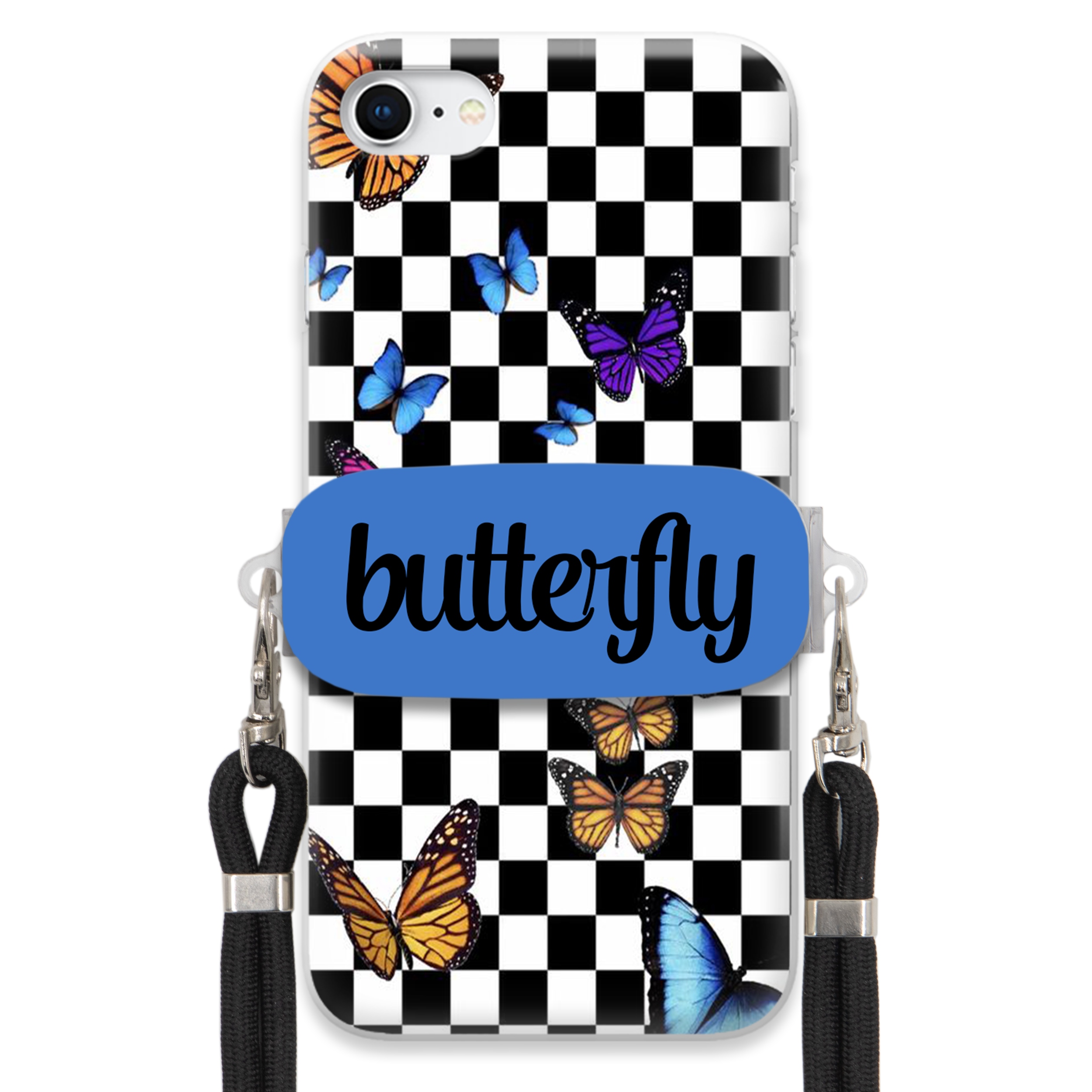 Puzdro Pre iPHONE SE3 Case Držiak Obdĺžnikový Čierny Vodítko Butterfly Motýle