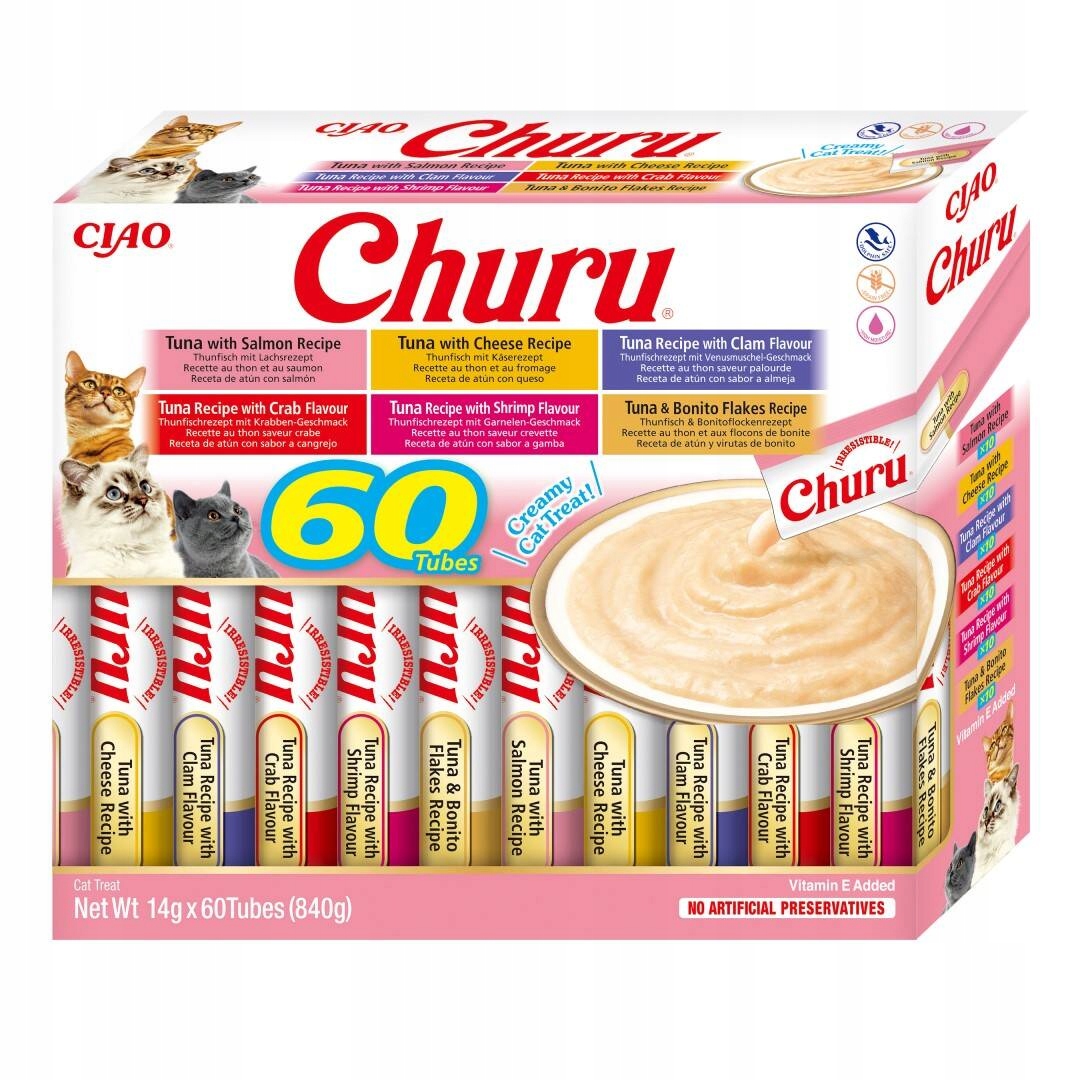 Inaba Cat Churu 60x14 g (840 g) Krémová Pamlsek Pro Kočky Mix s tuňákem