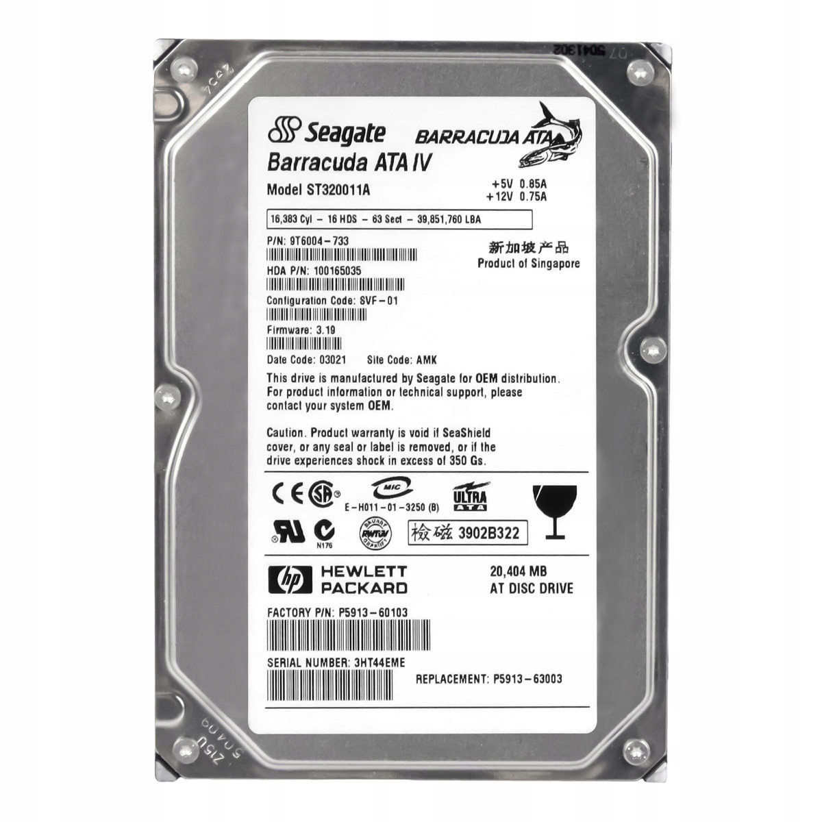 Hp P5913-60103 20GB 7.2K 2MB Ata 3.5'' ST320011A