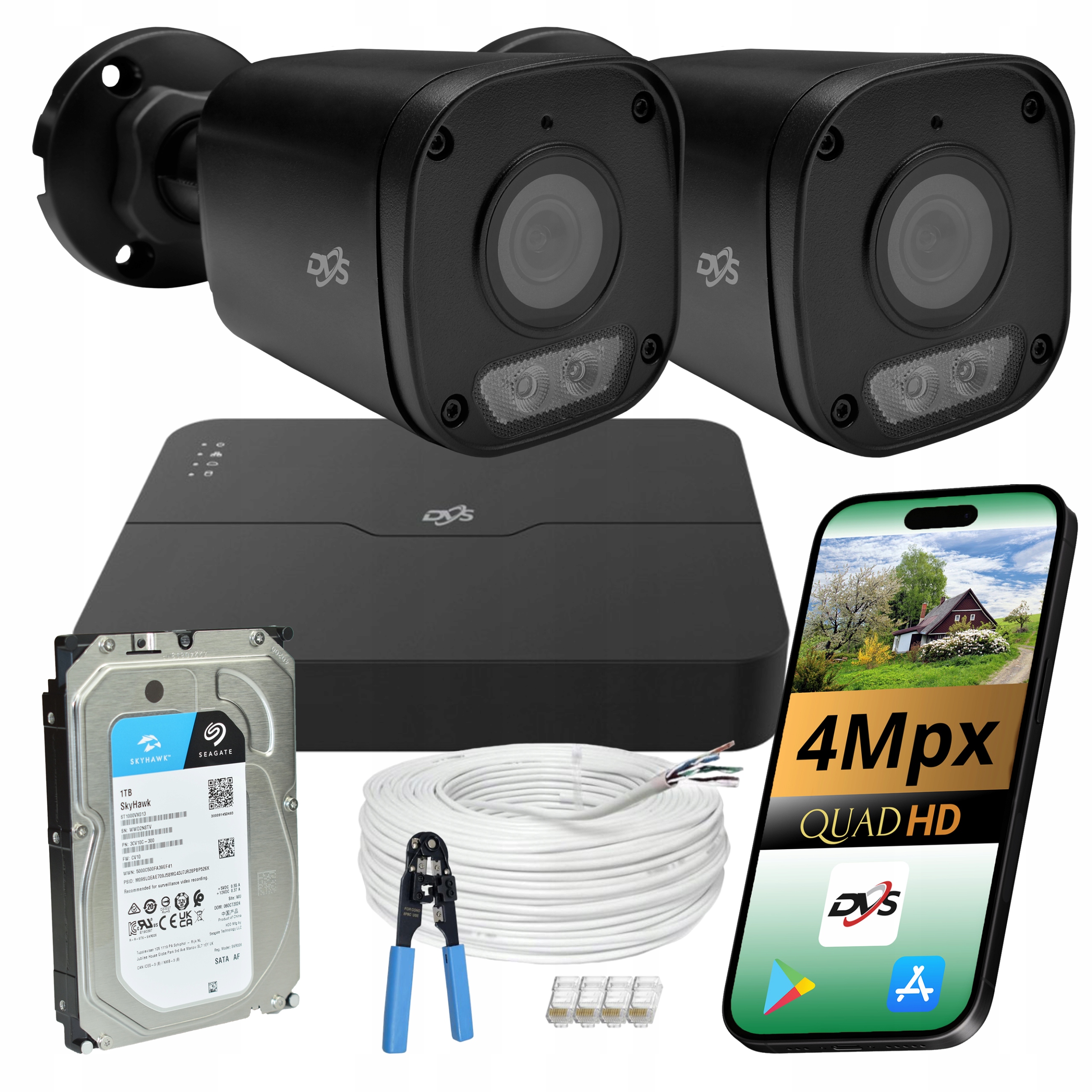 Monitorování Dvs 2 kamery Ip PoE 4Mpx Dual Light černé s 1TB diskem komplet