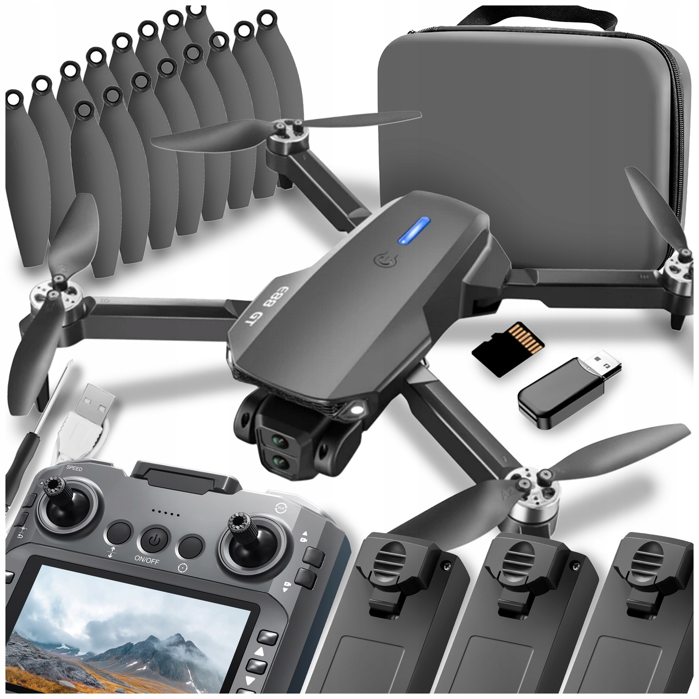 Dron Kontroler Z LCD 2 kamery Bezszczotkowy Zabawka 120G WiFi 3x Aku 300m