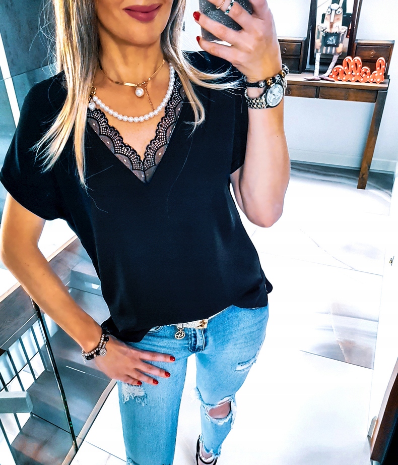 . BIAŁA BLUZKA ELEGANCKA POD ZAKIET KORONKA LUŹNA Wzór dominujący bez wzoru