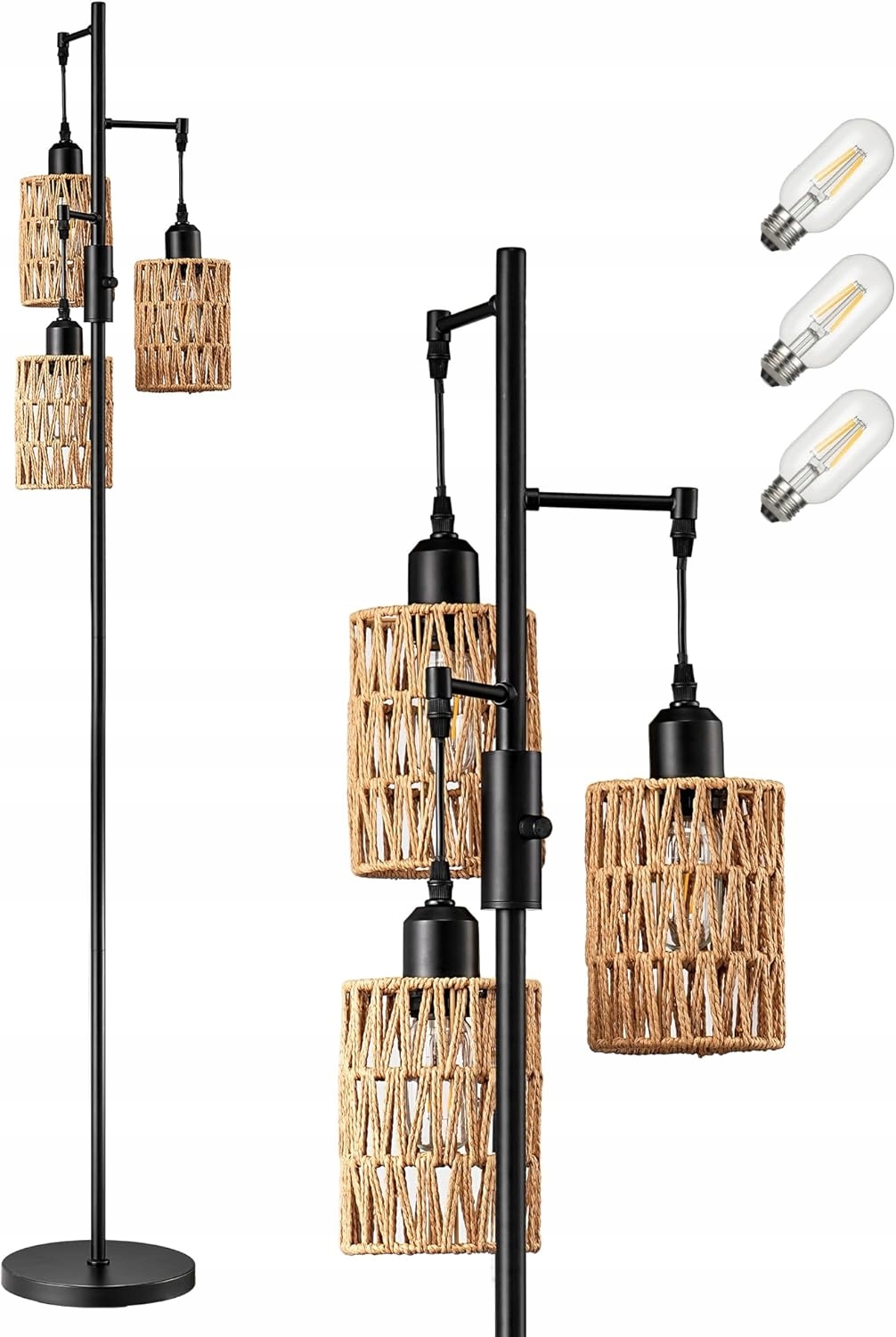 Podlahová Lampa Vintage 3xE27 Pletené Kloše 164 CM