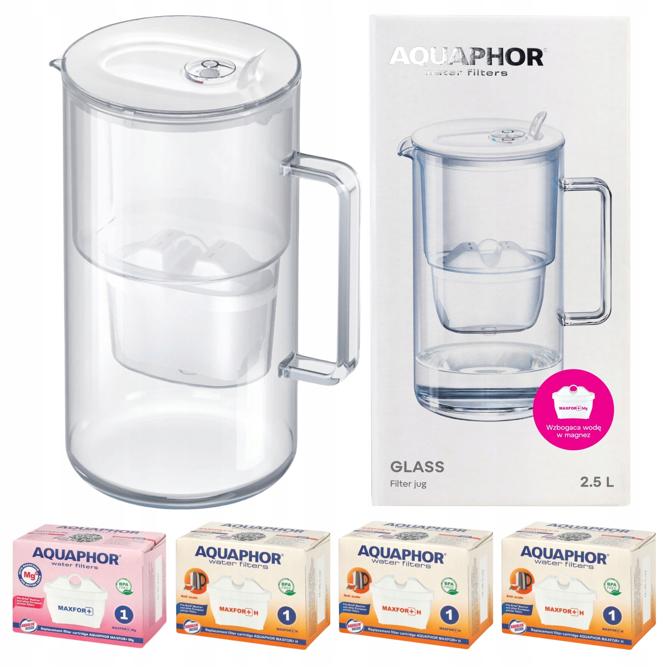 Dzbanek filtrujący szklany Aquaphor Glass biały 4 filtry Maxfor (1Mg+3H)