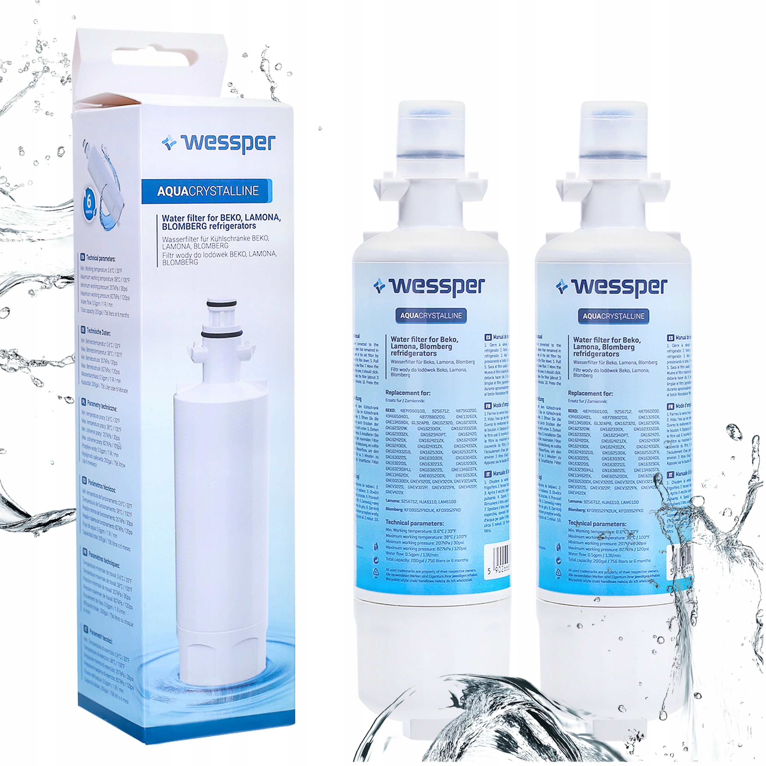 2x Filtr Wessper wkład do lodówki Beko wewnętrzny zamiennik 4874960100