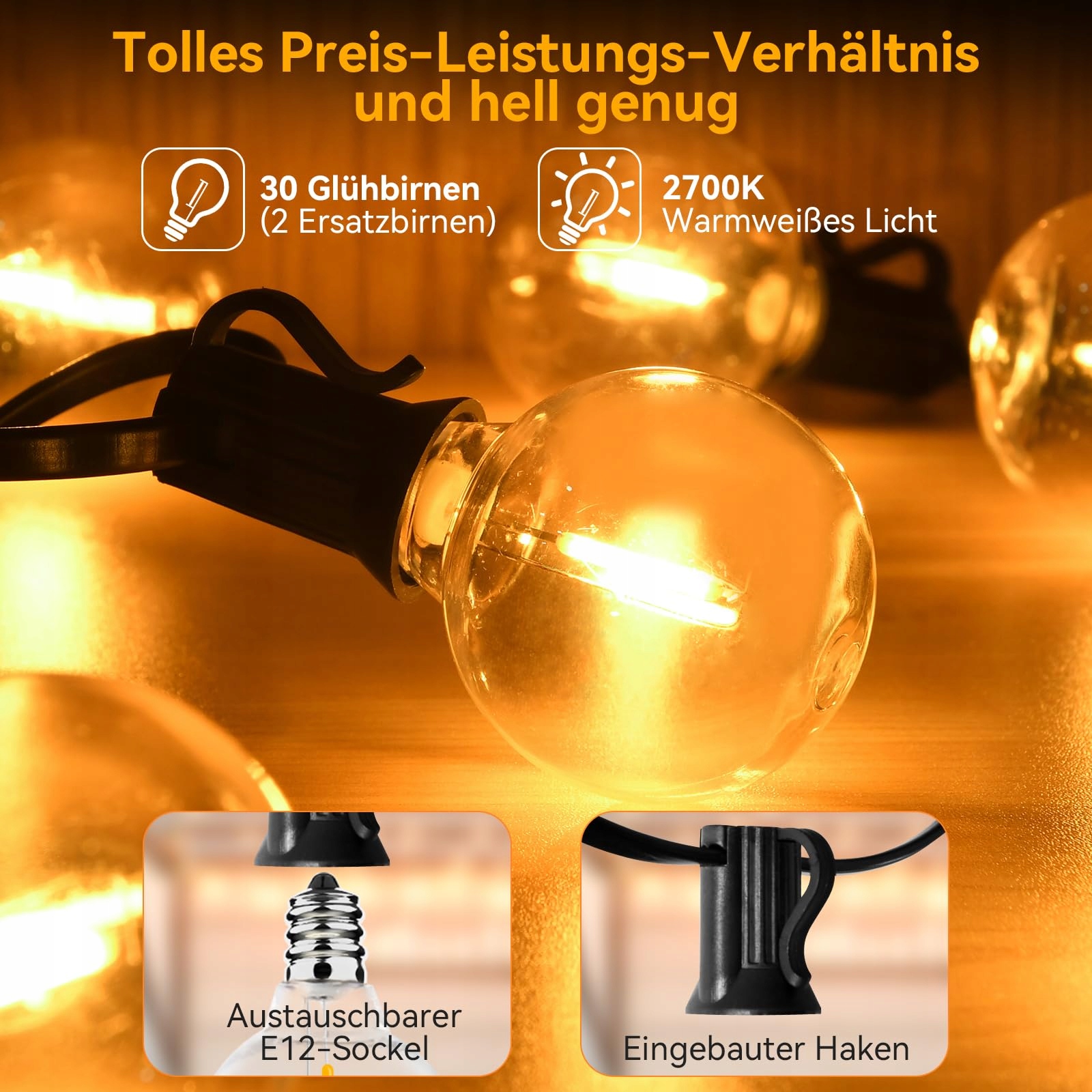 AVANLO Zewnętrzne Lampki LED 15M Wodoodporne Na Ogród Balkon Wesele Imprezy — miniatura 6