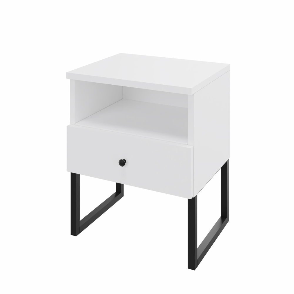 Noční stolek s nožičkami, šuplík a polička, bílá barva, šířka 50 cm