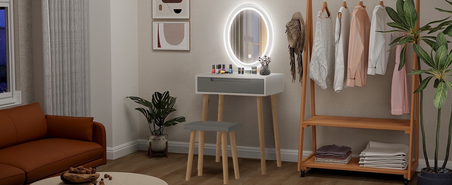 Toaletka lustro LED + taboret+Szuflada Materiał drewno