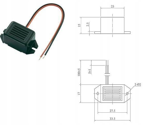 

Brzęczyk 12V 23x17x15mm sygnał ciągły 3283