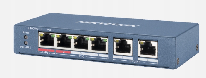 Switch PoE 4+2 pre Ip kamery Hikvision 60W 6-portový