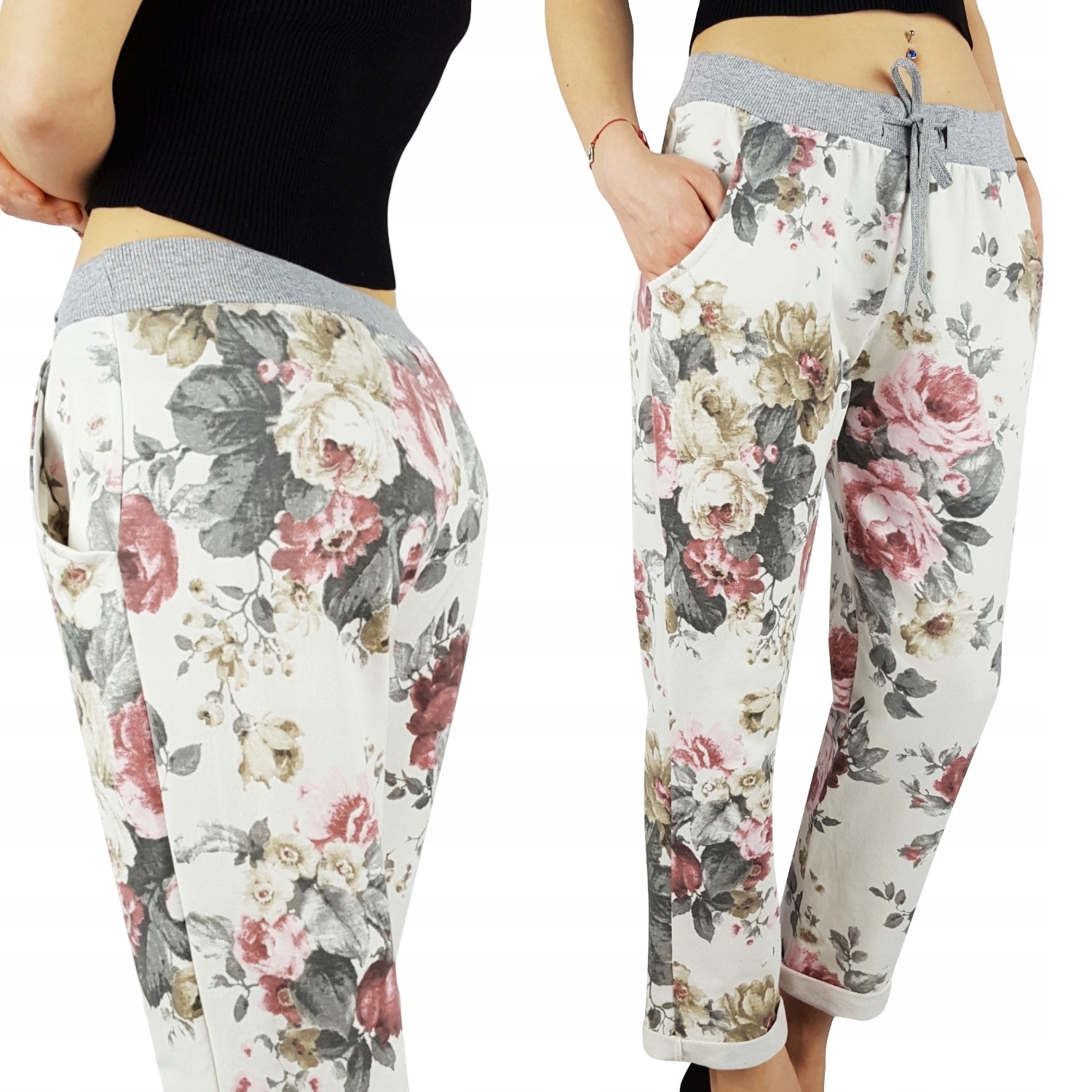 WYGODNE - SPODNIE - DRESOWE - KWIATY - Plus - Size