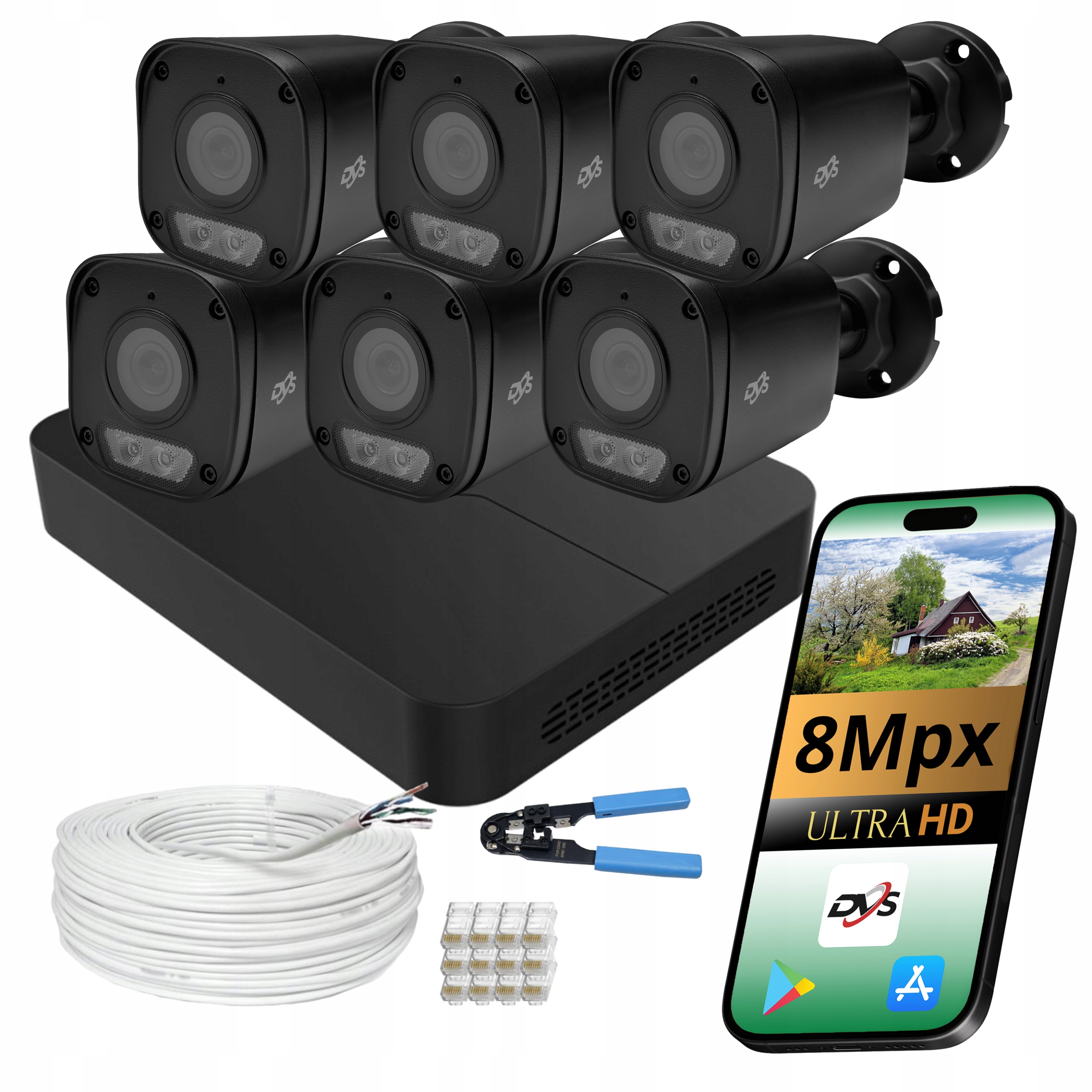 Sada 6 Kamer Pro Monitorování Ip PoE 8MPX Černý Venkovní P2P Rekordér