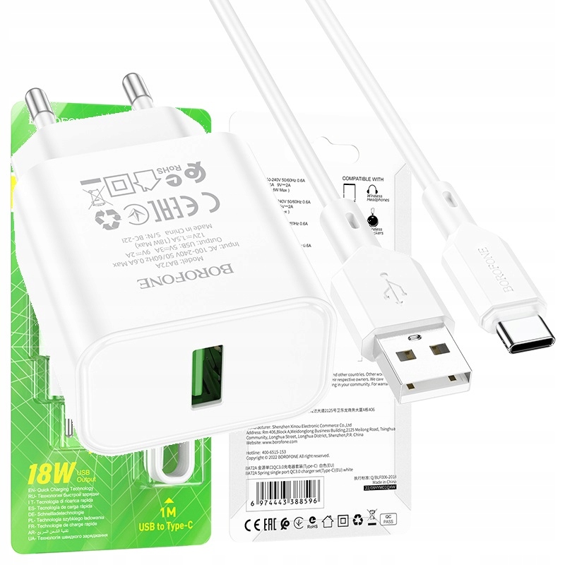 Szybka ładowarka sieciowa QC3.0 3A 18W kabel Typ Typu C Usb-c Type-C