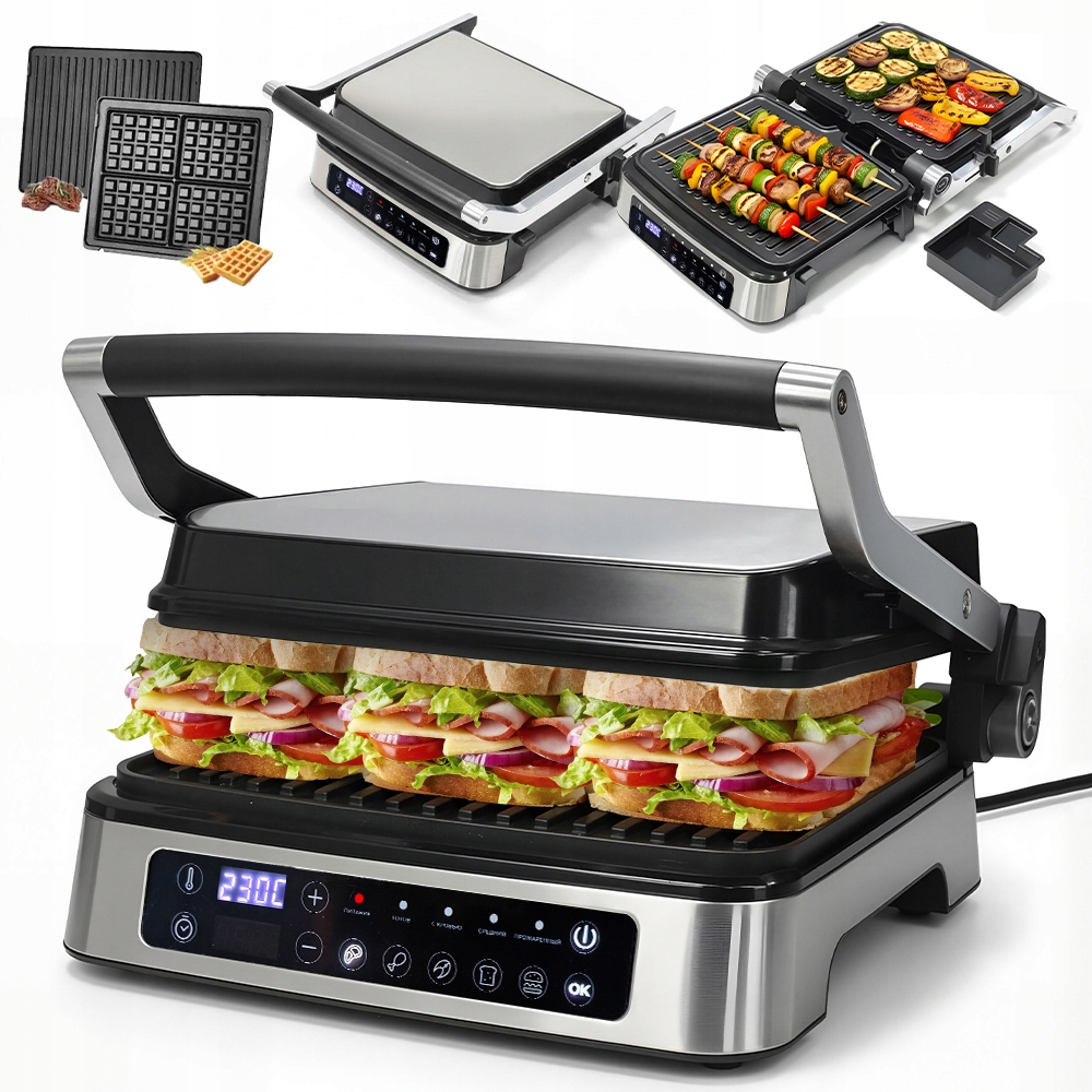 Profesjonalny grill 2300W z 2 płytami – do steków, warzyw i gofrów
