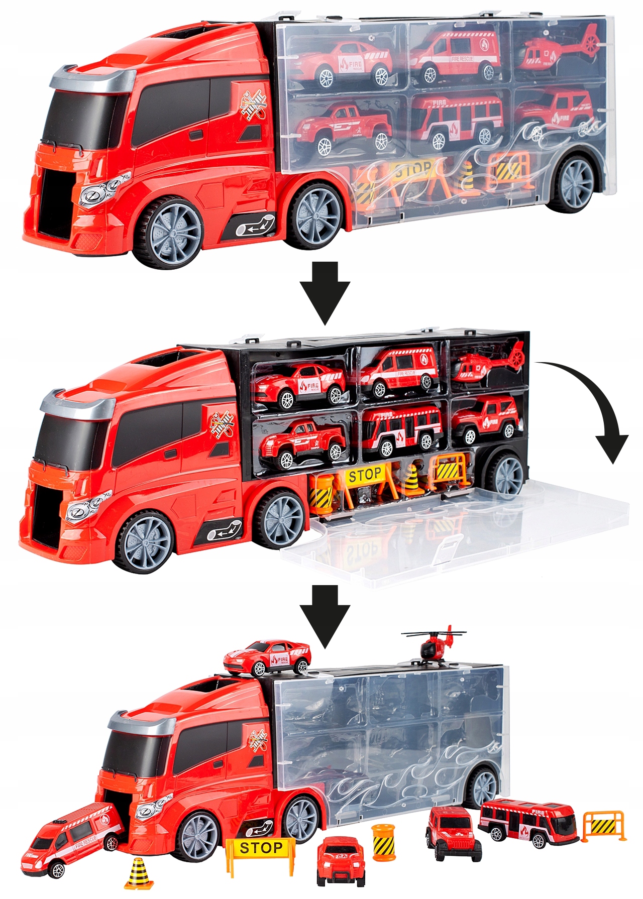 CIĘŻARÓWKA LAWETA STRAŻ POŻARNA AUTA HELIKOPTER WÓŻ STRAŻACKI TRANSPORTER Materiał plastik