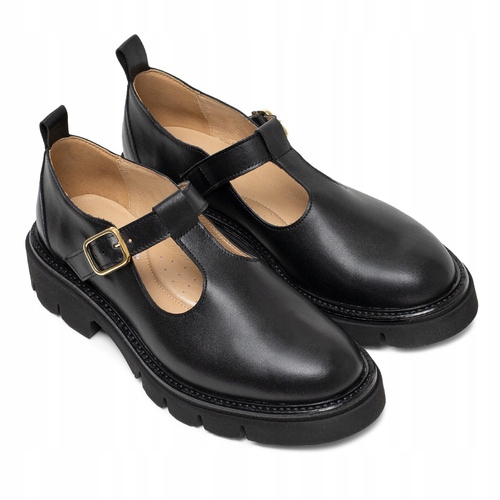 Brilu Polskie Skórzane Półbuty Damskie Z Paskiem Ethna Czarne 40