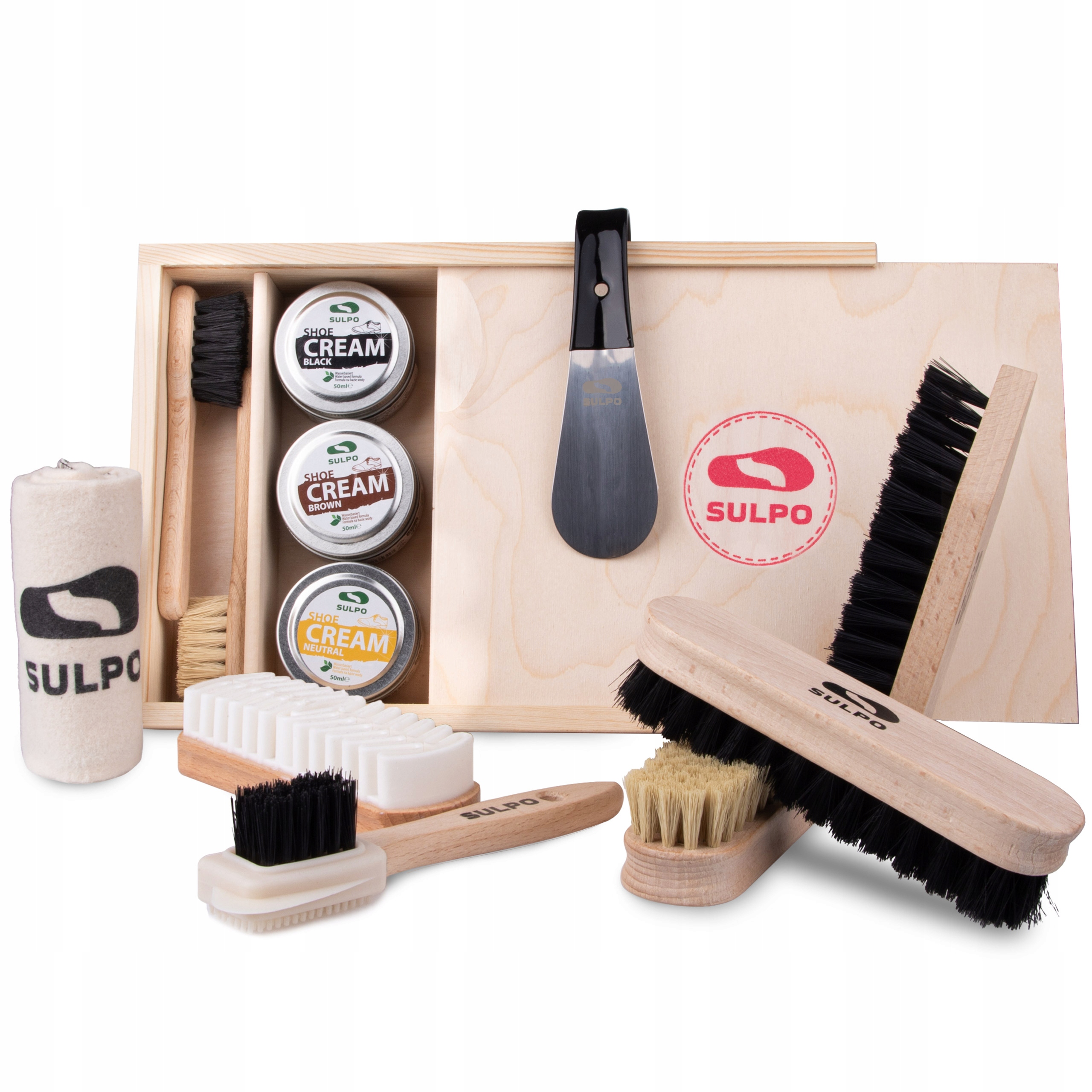 SZCZOTKA DO BUTÓW ZESTAW SZCZOTEK PAST SKÓRA ZAMSZ W PUDEŁKU DREWNIANYM