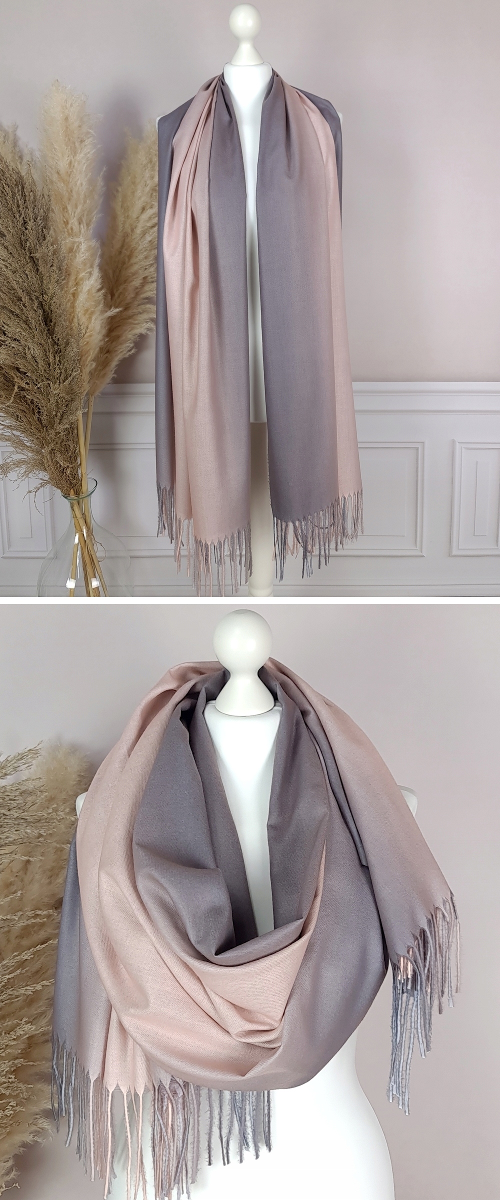 DŁUGI SZAL CIENIOWANY z FRĘDZLAMI chusta - KOLORY Skład materiałowy 50% bawełna 50% viscoza