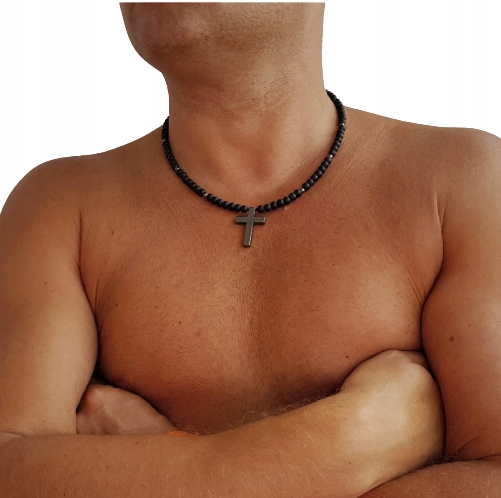 Pánský Stylový Náhrdelník Křížek Onyx Matný Hematit 45 cm