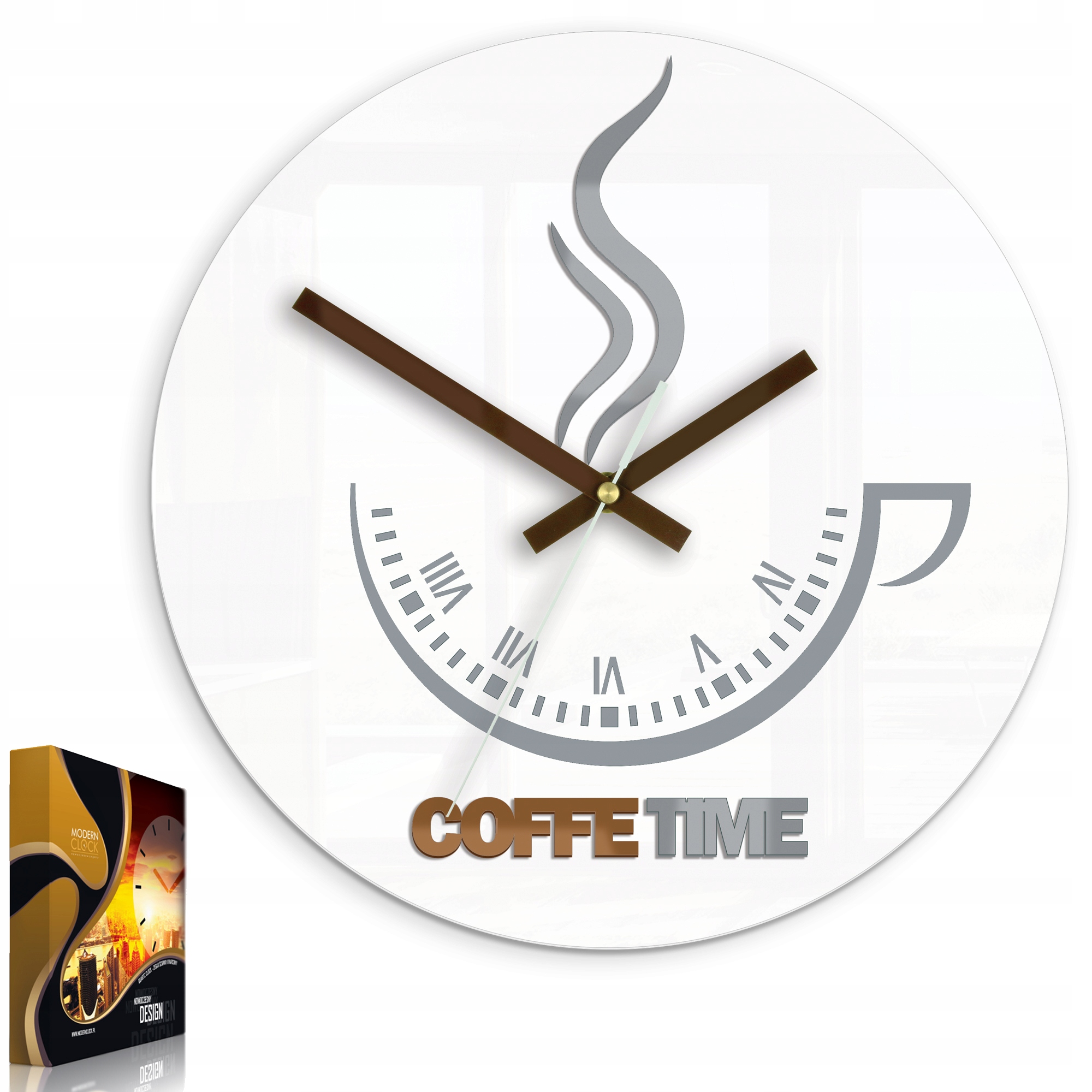 Nástěnné hodiny ve tvaru šálku Coffe Time II White&Copper Kulatý