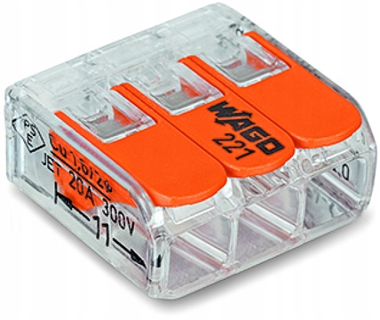 221-413 - Złączka COMPACT 3x0,2-4mm DR/LIN (przeźr./pomarańcz) WAGO