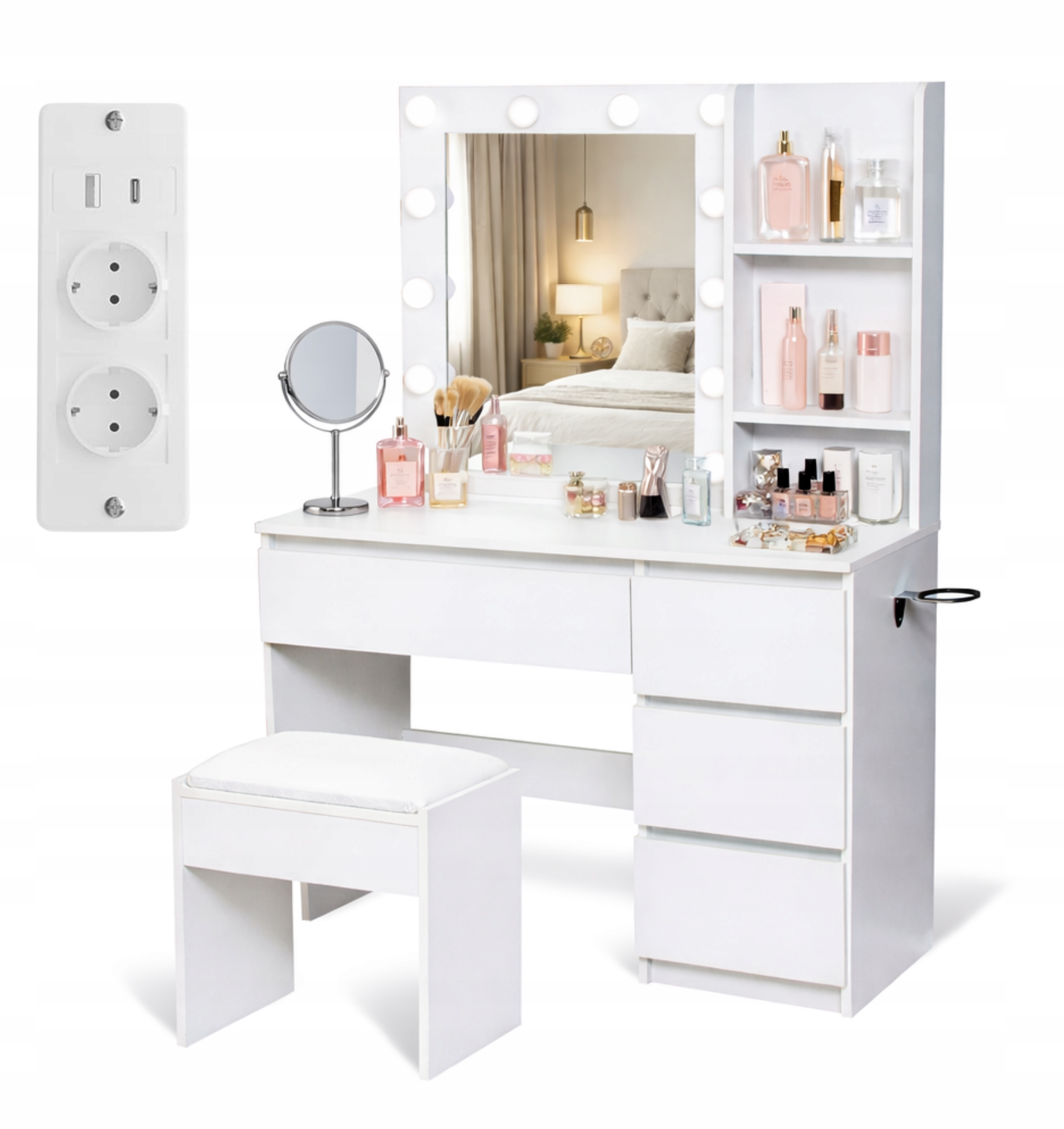 TOALETKA KOSMETYCZNA BIAŁA Z LUSTREM I OŚWIETLENIEM 12XLED 140x90 TABORET