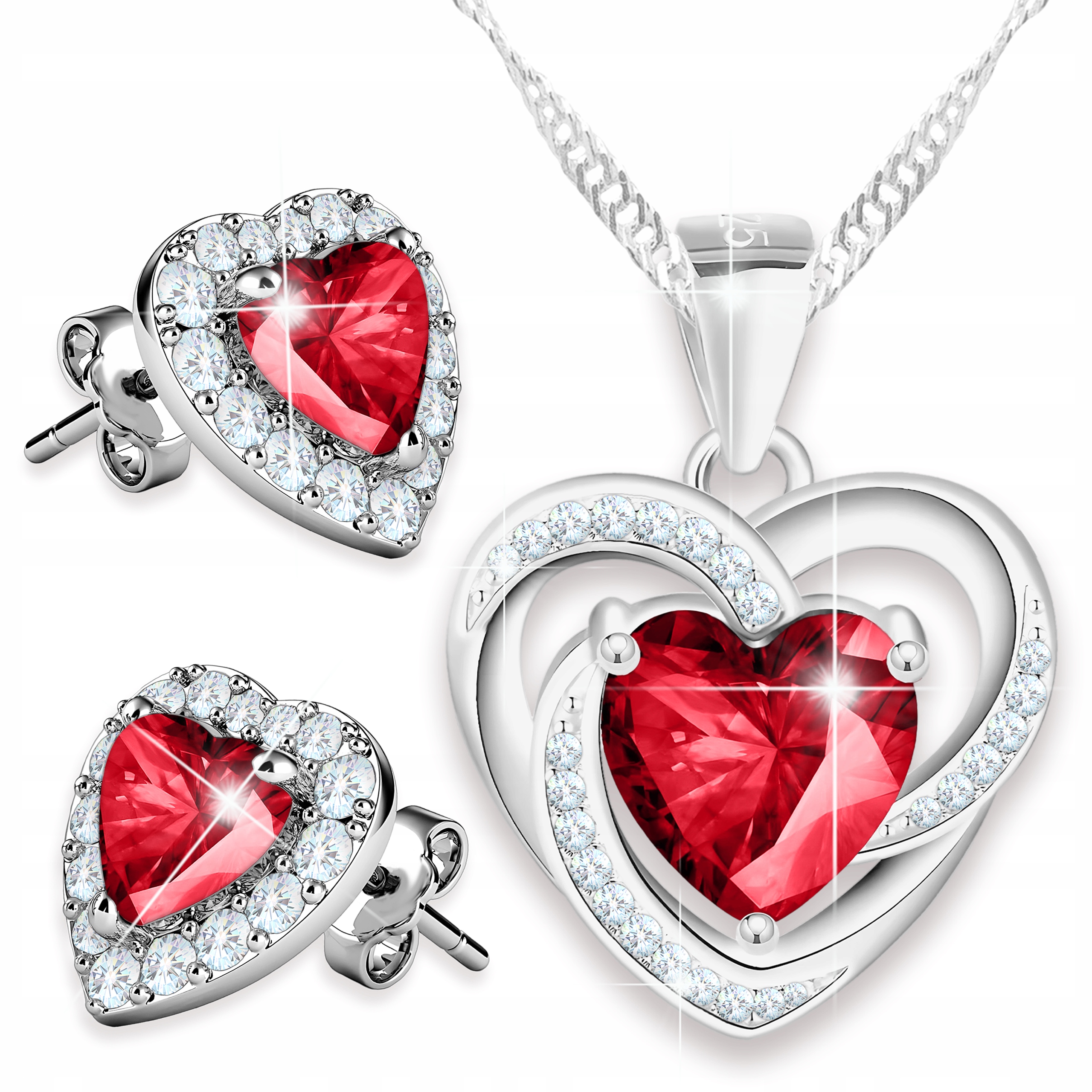 Sada stříbrných náhrdelníků a Náušnice Červené křišťálové srdce Stříbro 925