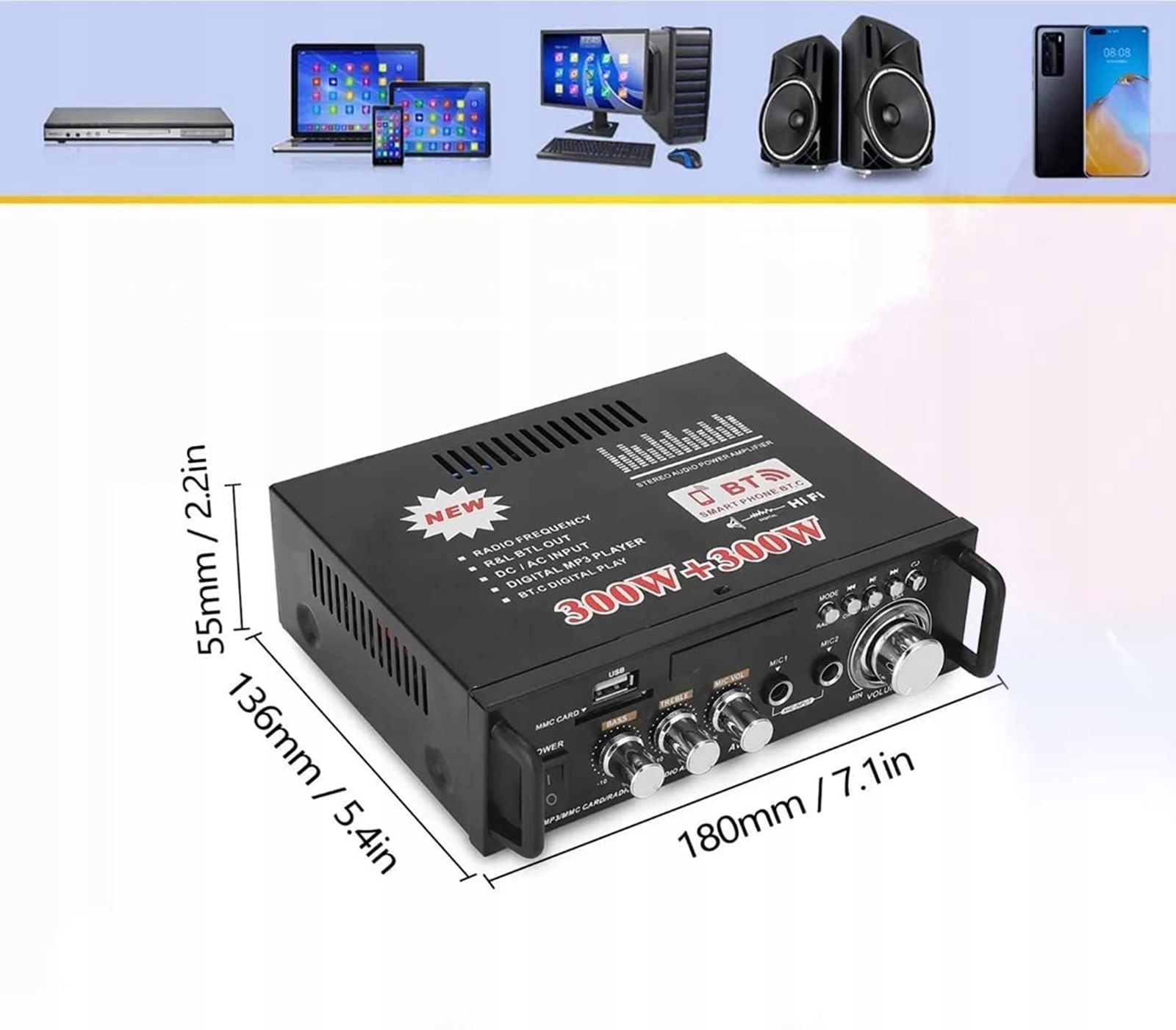 Wzmacniacz HiFi Kina Domowego Surround BT 5.0 FM Kolor czarny