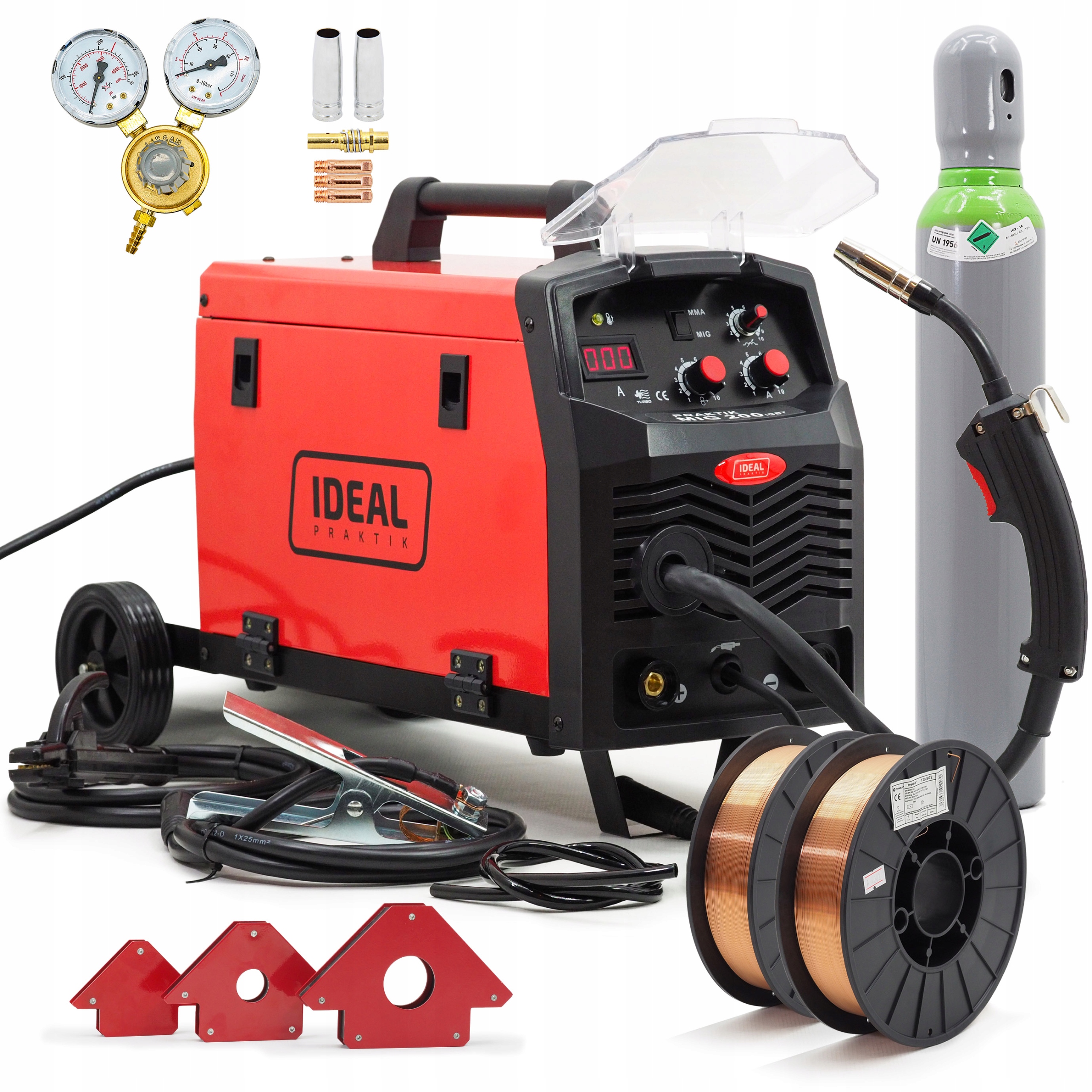 Svařovací sada Ideal Praktik Mig 200 Igbt 200A Lahev Dráty 2x5kg 230V