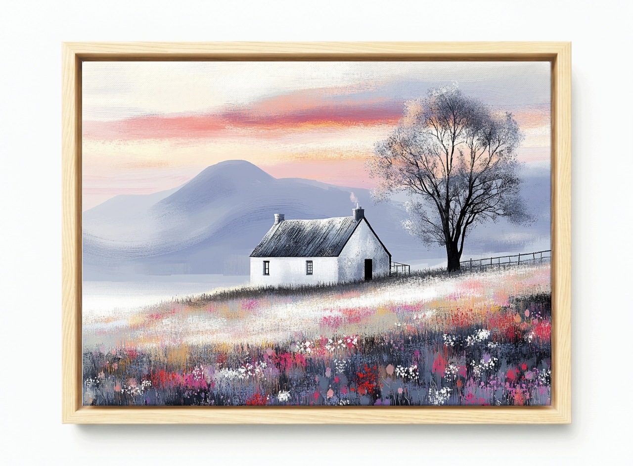 Obraz Rám Americký Venkovský Box Krajina Hory Louka Květiny Dřevo Dům 60x40