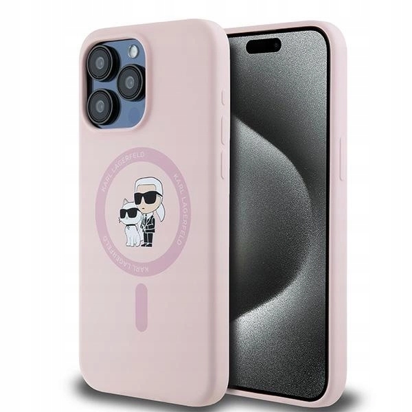 Pouzdro Karl Lagerfeld Silicone Karl&Choupette MagSafe pro iPhone 15 Pro růžové