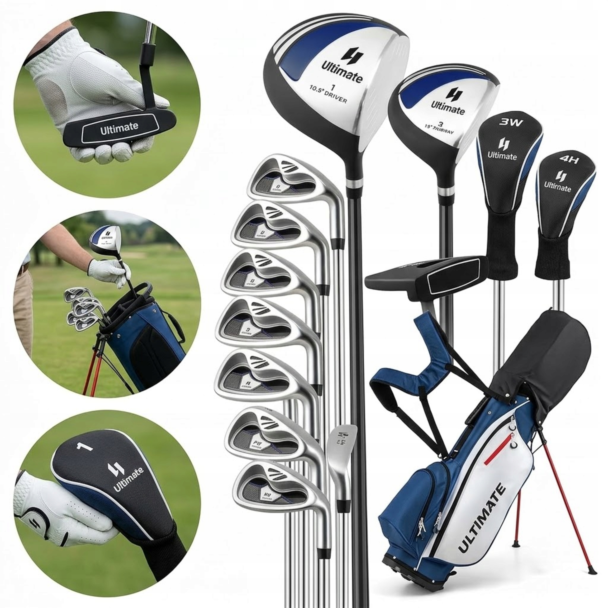 Kije Golfowe Męskie Praworęczne 11 Elementów Z Torbą Niebieskie Zestaw