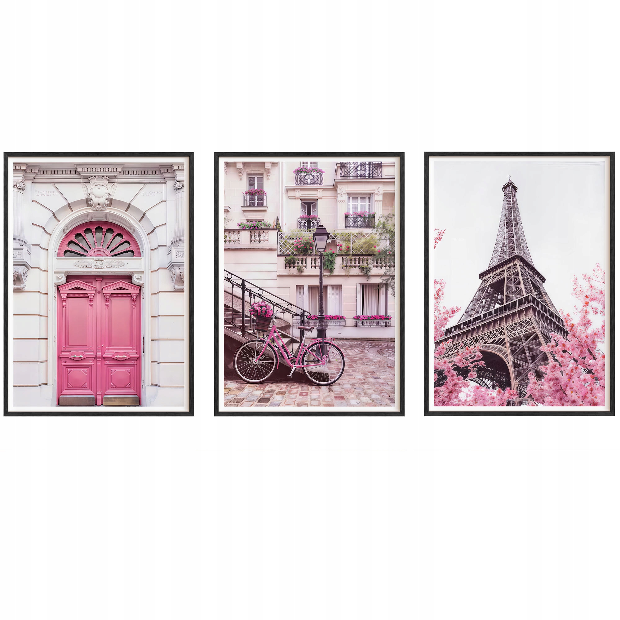 Obrazy Paríž Ružové Plagáty Drevené rámy Čierne 3ks 30x42 cm