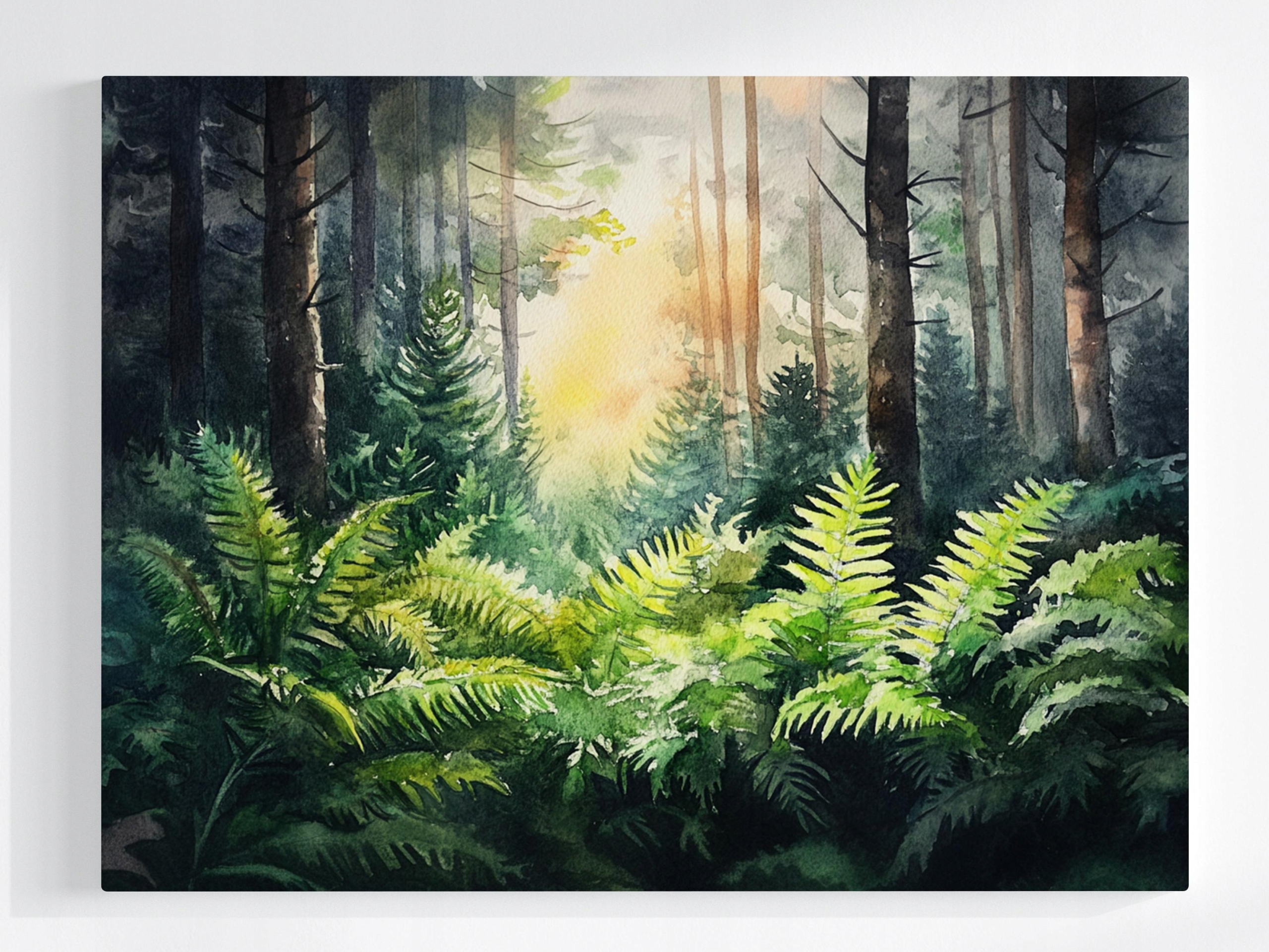 Obraz Na Plátně Canvas Akvarel Krajina Les Stromy Kapradí Vegetace 100x75