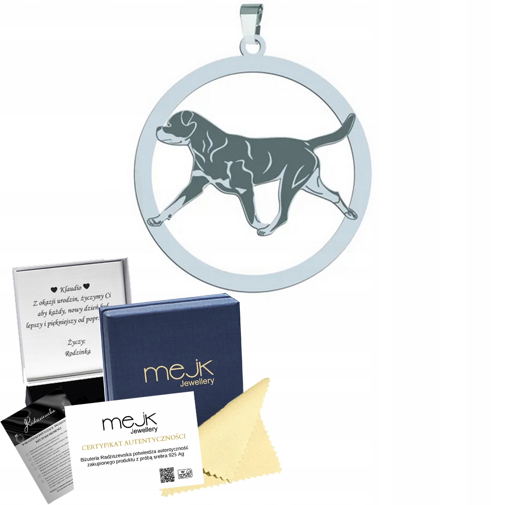 Stříbrný přívěsek se psem Rottweiler 925 Dárek Žena Gravírování Bonus