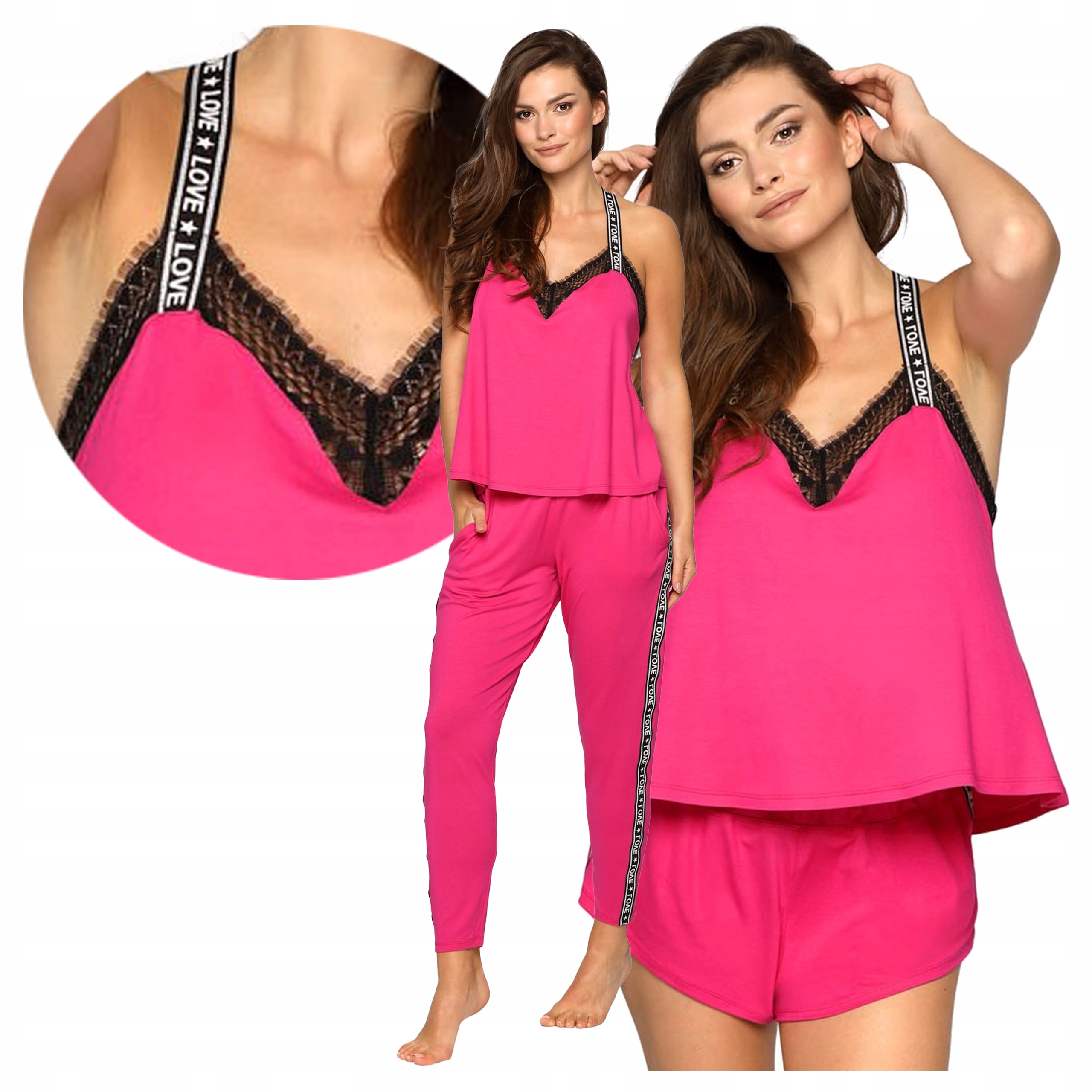 Klasický 3dílný domácí set Bluza+Šortky+Dlouhé kalhoty Fuchsiová L