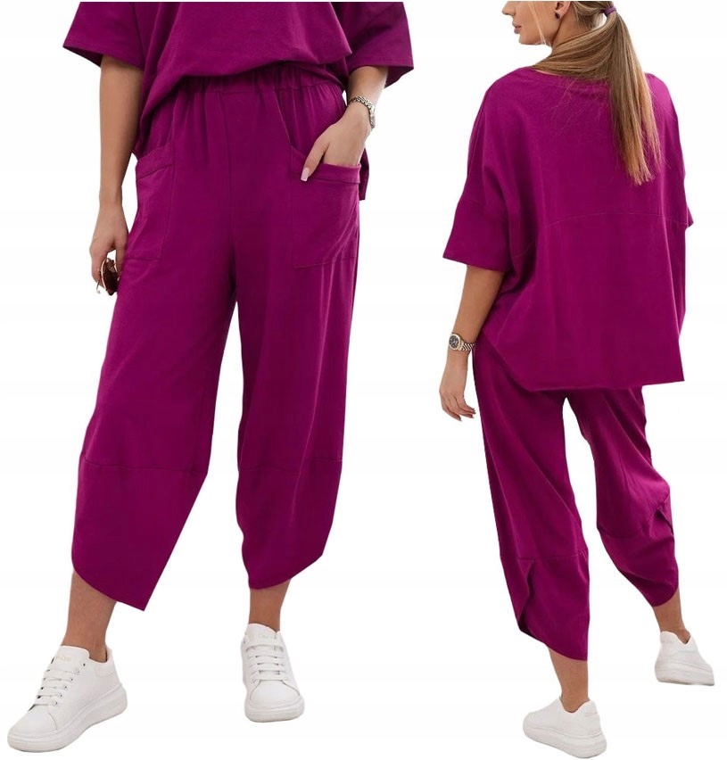 WŁOSKI ELEGANCKI KOMPLET BAWEŁNIANY BLUZKA SPODNIE DRESOWY OVERSIZE 2XL