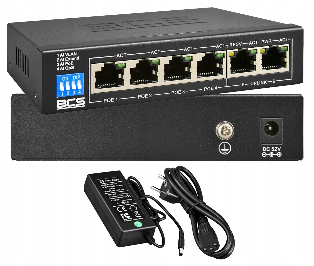 Switch PoE 4x PoE pro 4 Ip kamery BCS-B-SP0402 Bcs