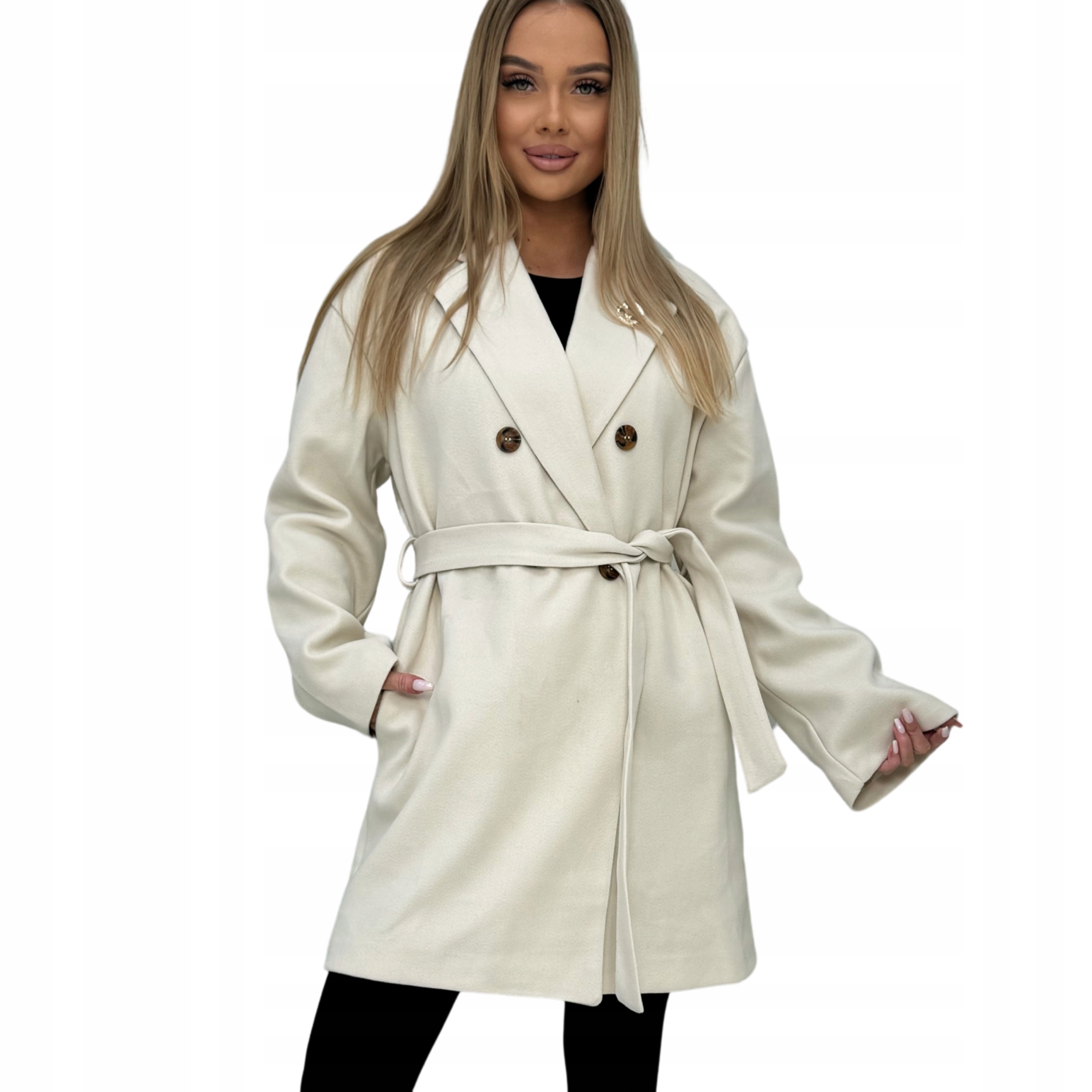 Płaszcz damski wiosenny efektowny wiązany klasyczny beżowy M