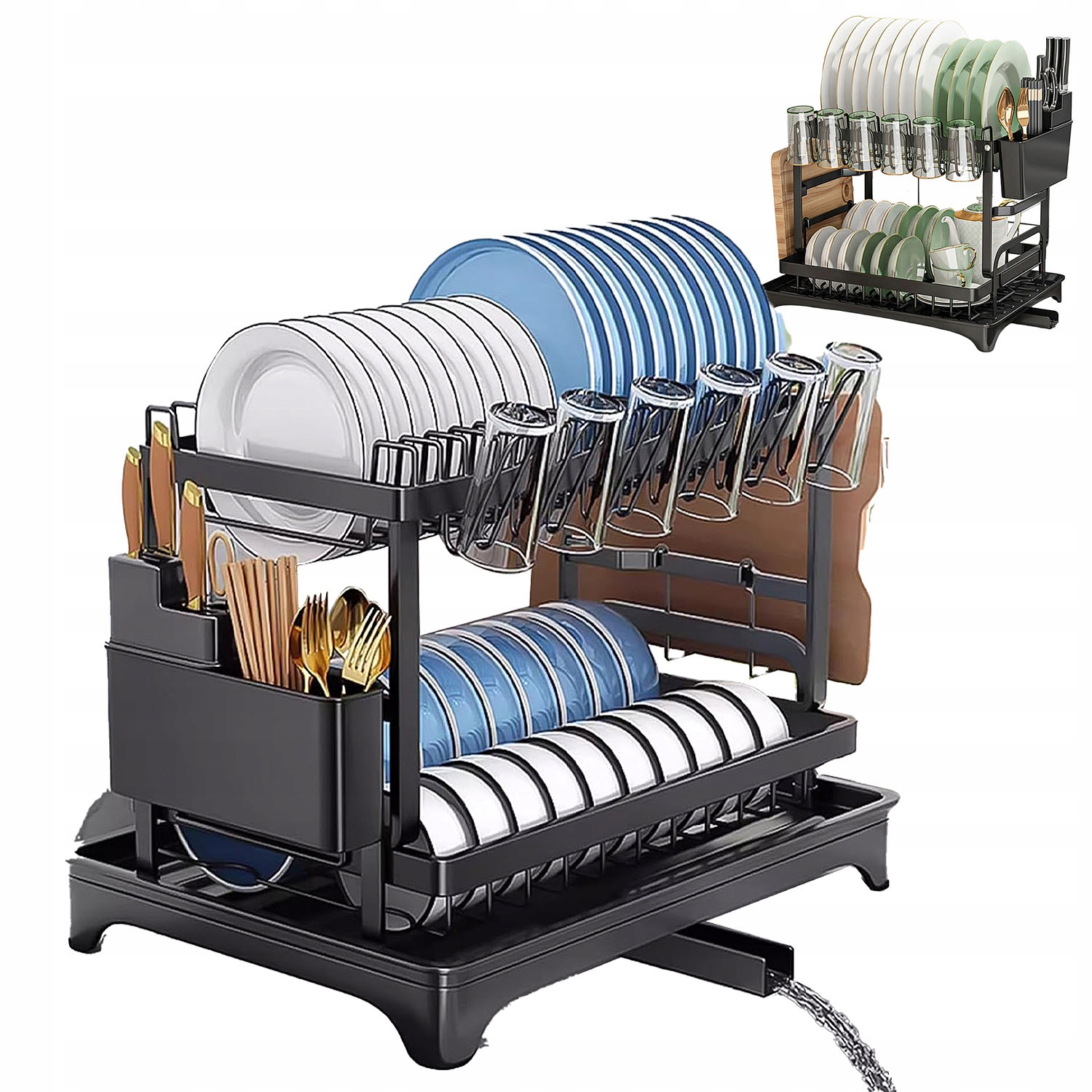 Levně Dvouúrovňová Sušička Na Nádobí S Podnosem A Odtokem, Černá, Železná