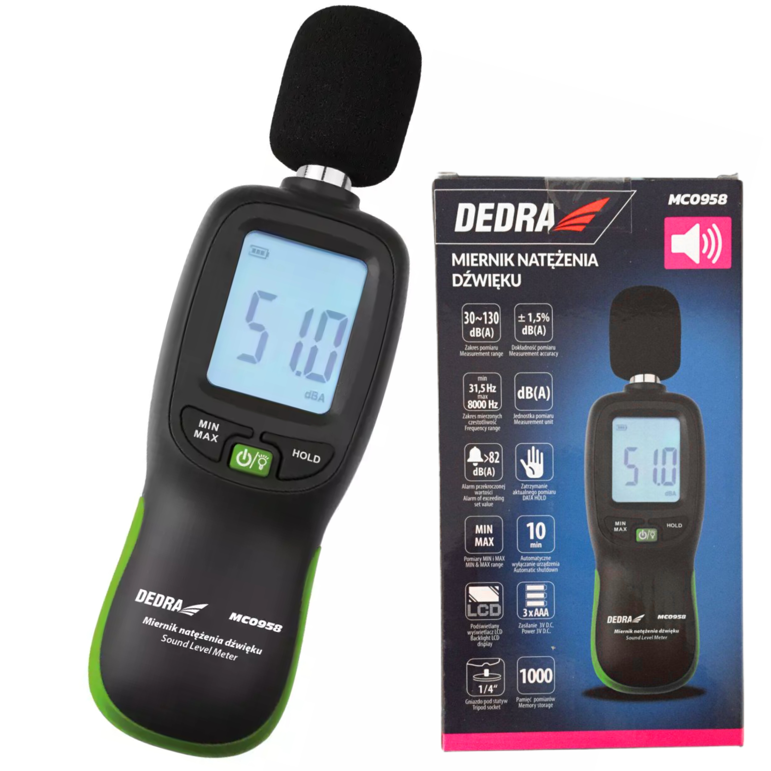 DEDRA MIERNIK NATĘŻENIA MOITOROWANIE DŹWIĘKU DECYBELOMIERZ SONOMETR MC0958