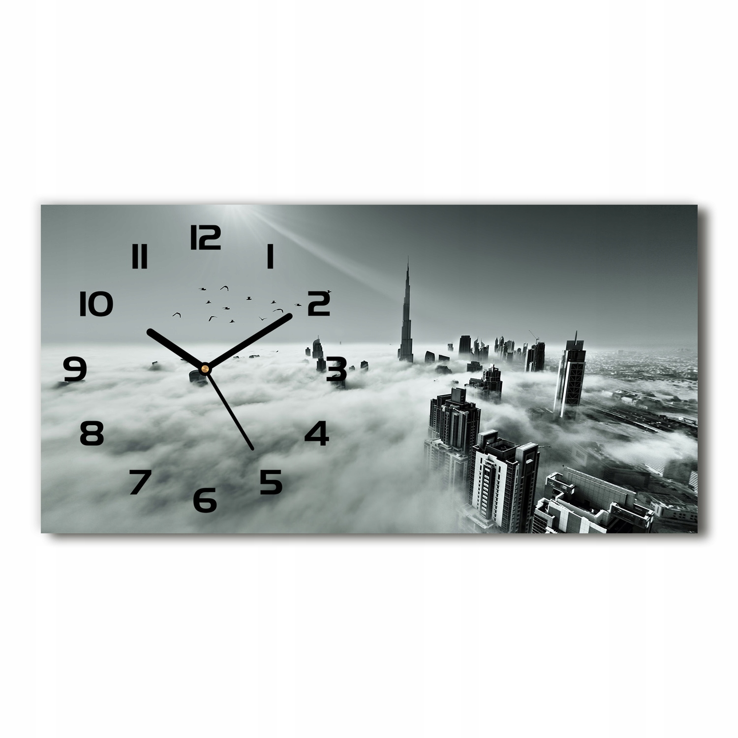 

Zegar ze szkła na ścianę Mgła nad Dubajem 60x30 cm
