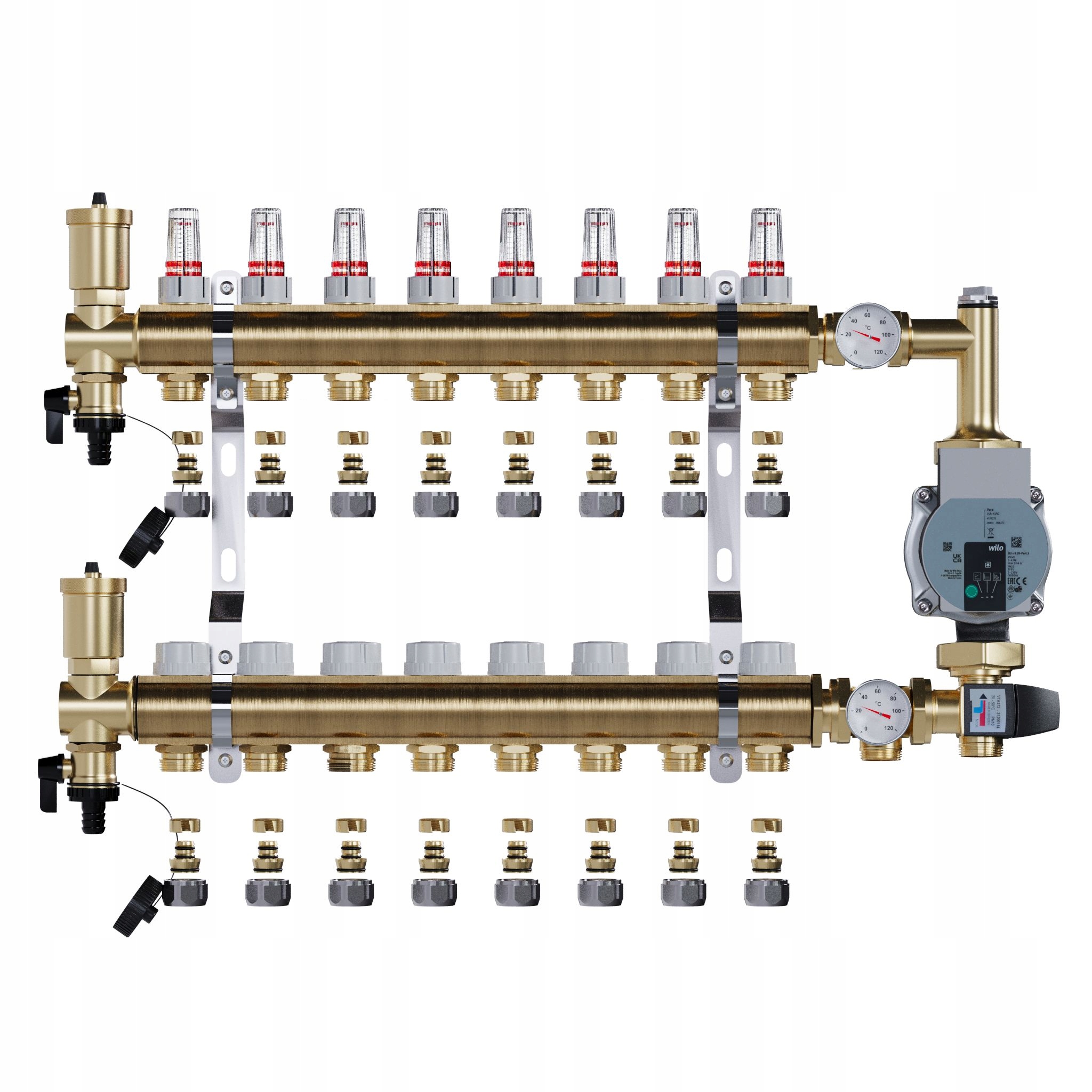Rozdělovač pro podlahové topení 8 sekcí a Pex Spojky Čerpadlo Wilo